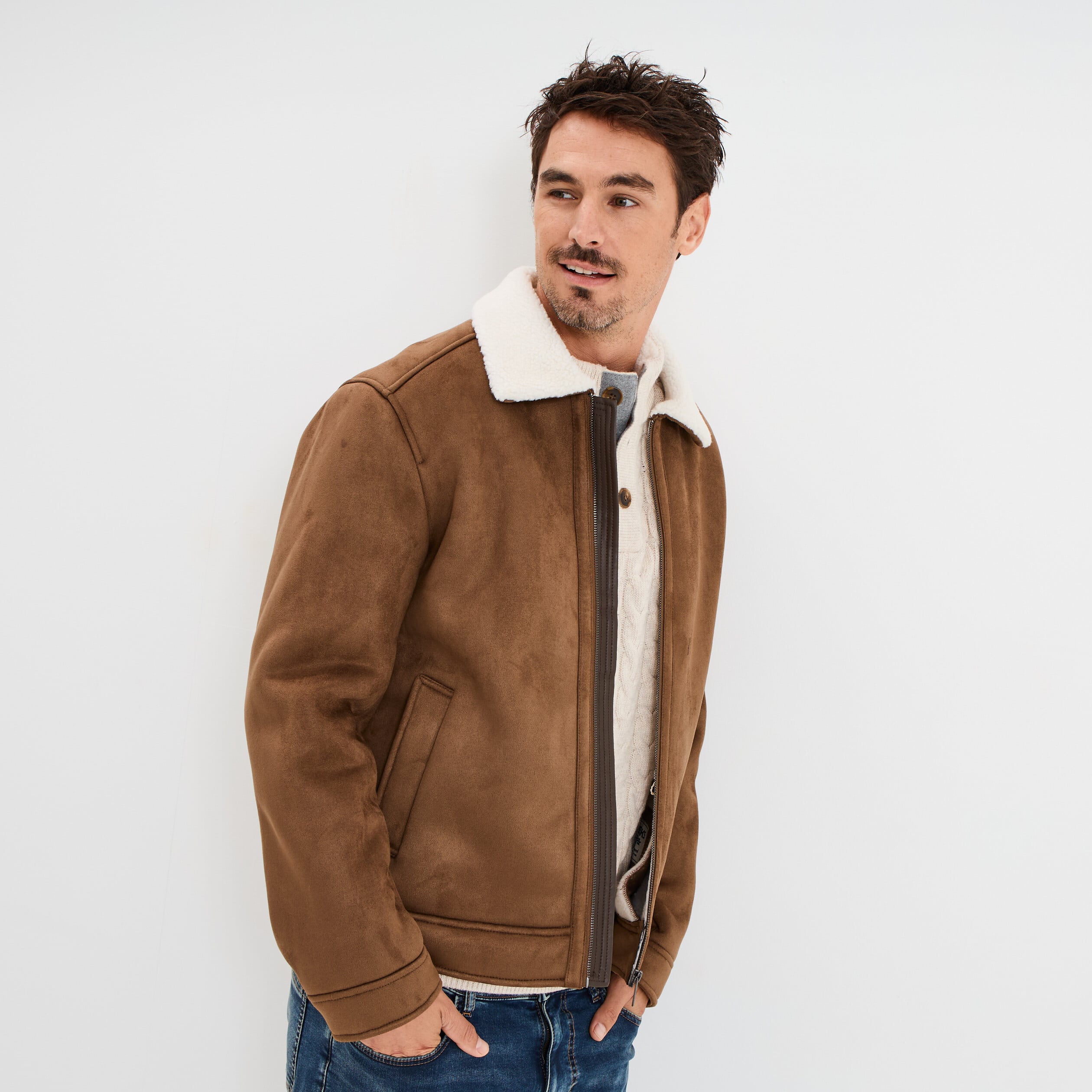 Blouson col aviateur effet su&eacute;dine marron homme