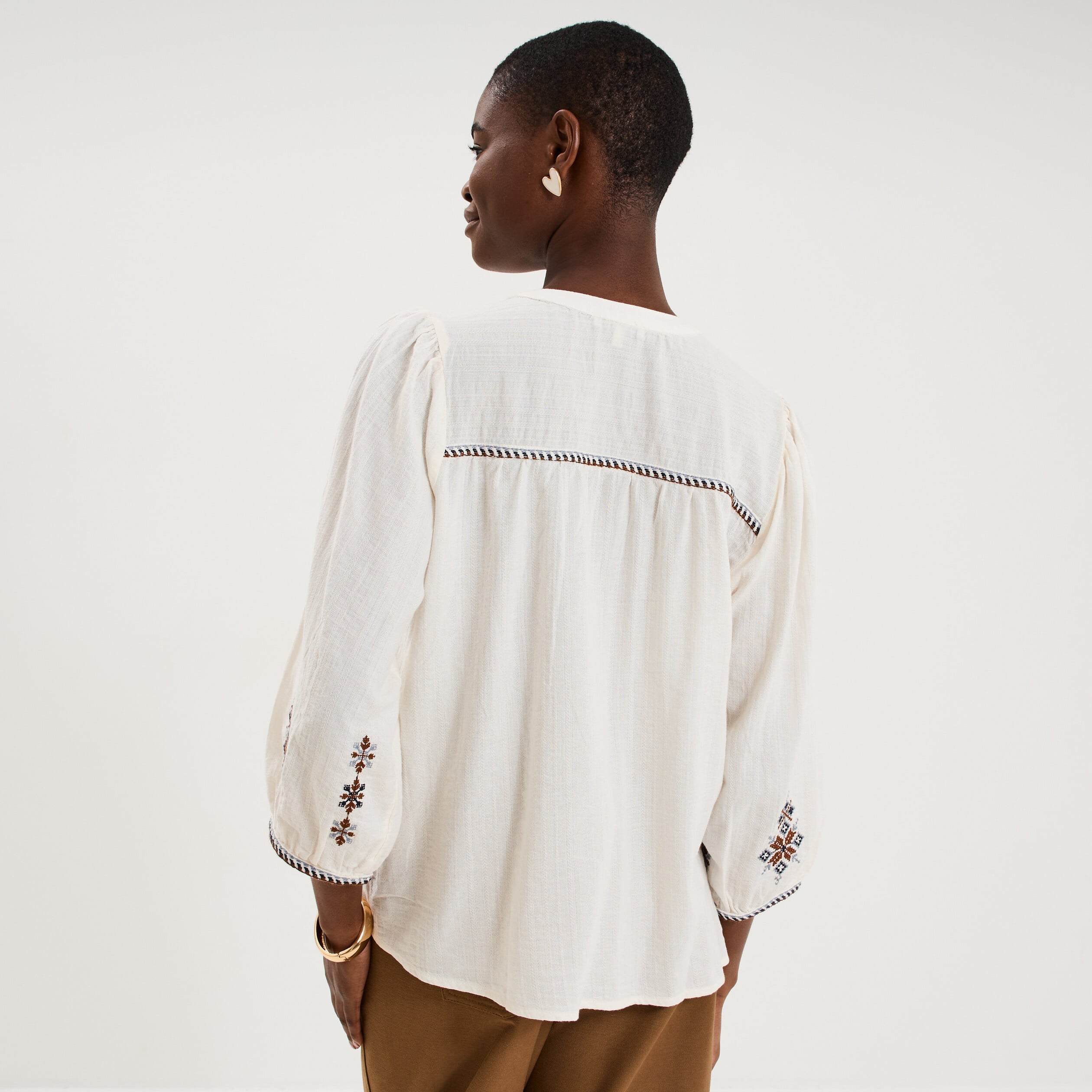 Blouse brod&eacute;e oversize manches 3/4 ecru femme