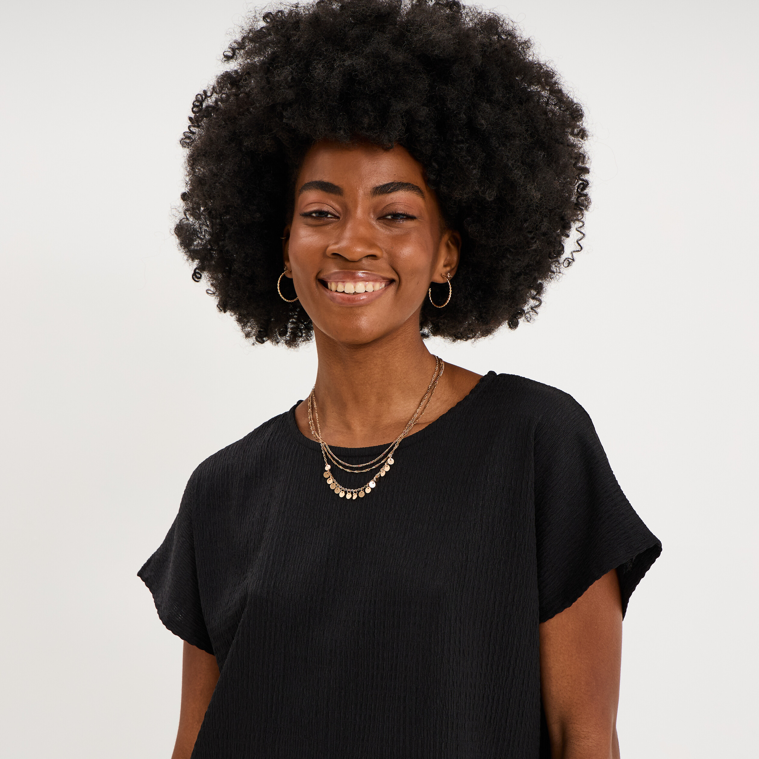 T-shirt gaufr&eacute; col rond manches courtes noir femme