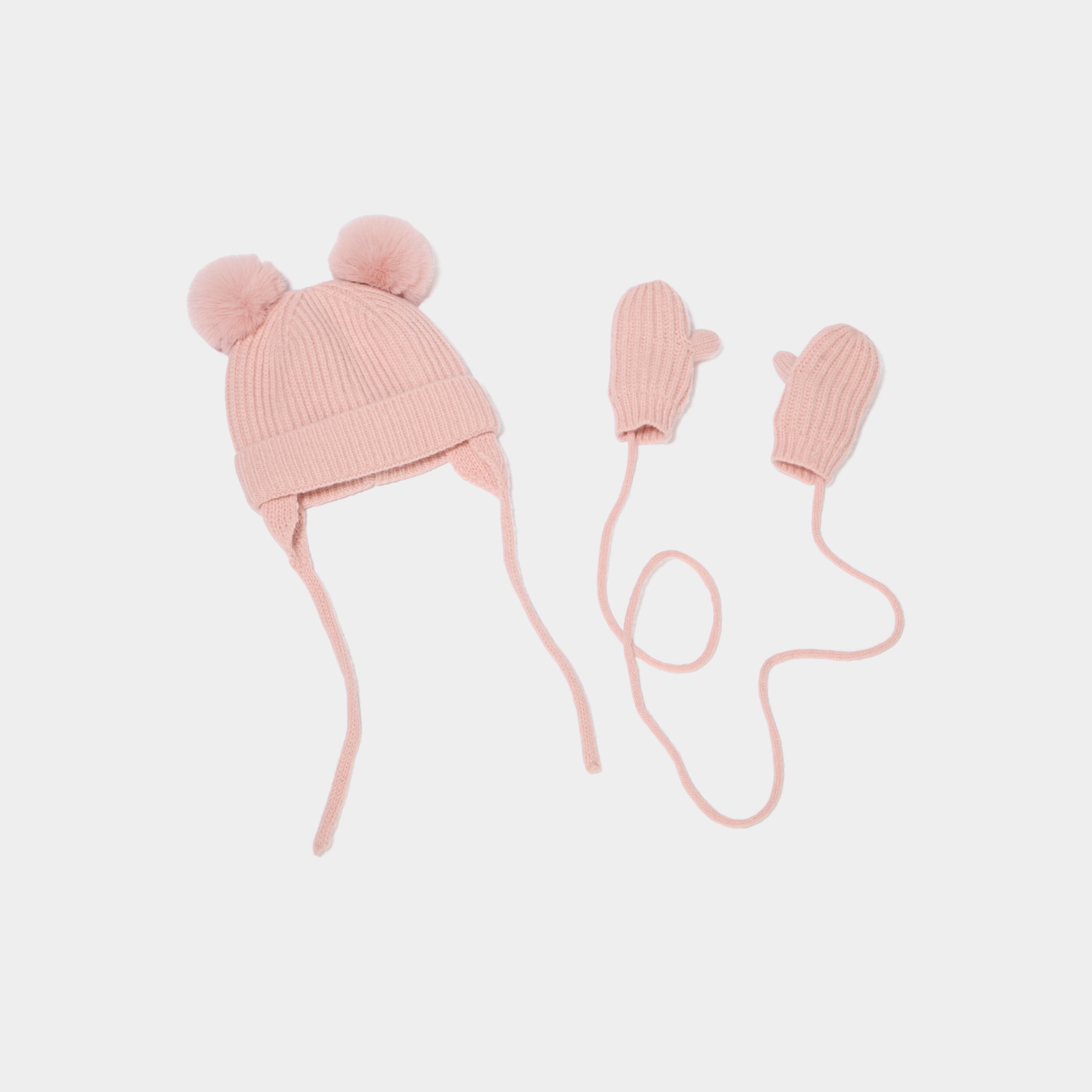 Ensemble bonnet et mouffles avec cordon rose mixte