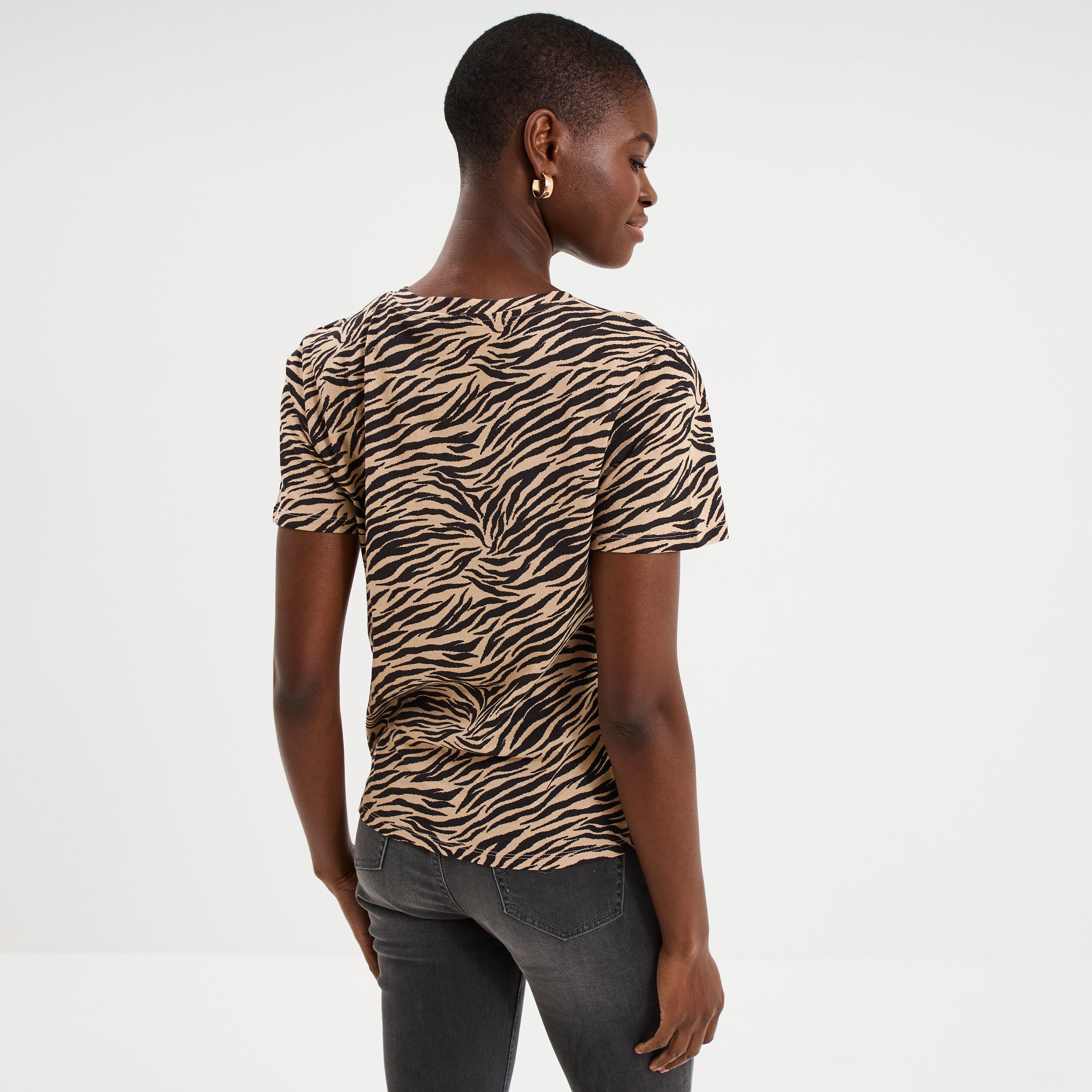 T-shirt coton col rond manches courtes beige moyen femme