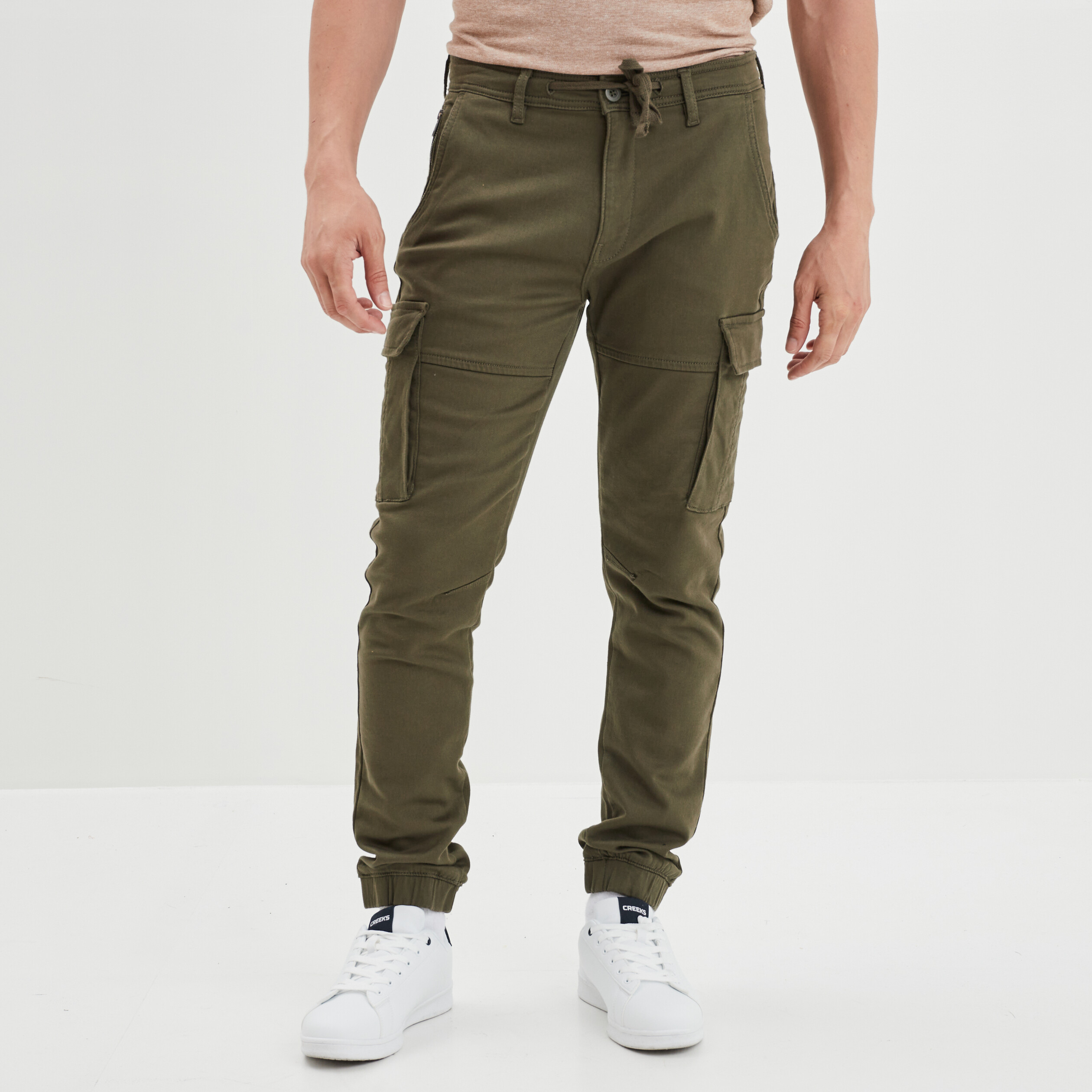 Pantalon cargo slim stretch vert kaki homme