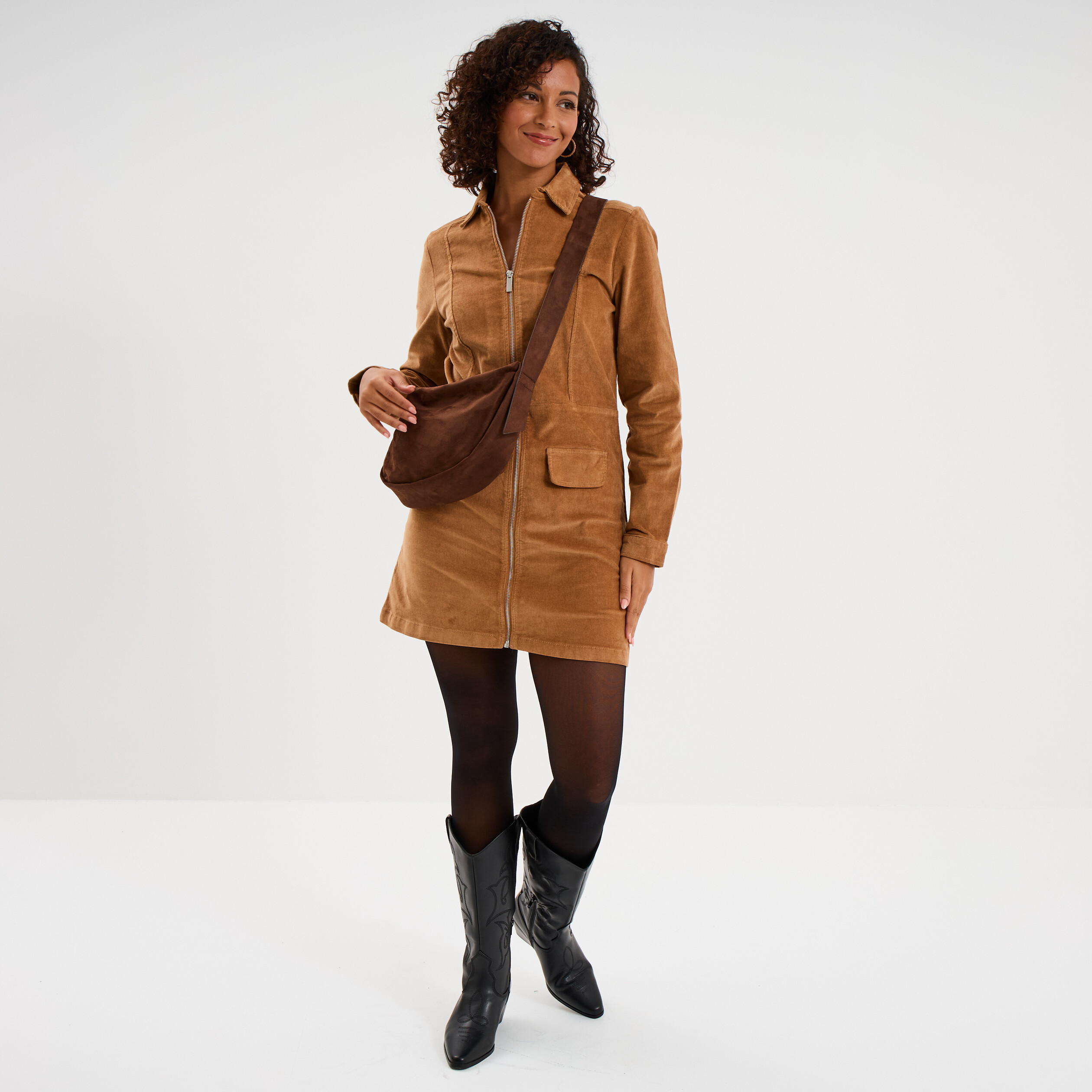 Robe ajustée zippée velours côtelé beige femme La Halle