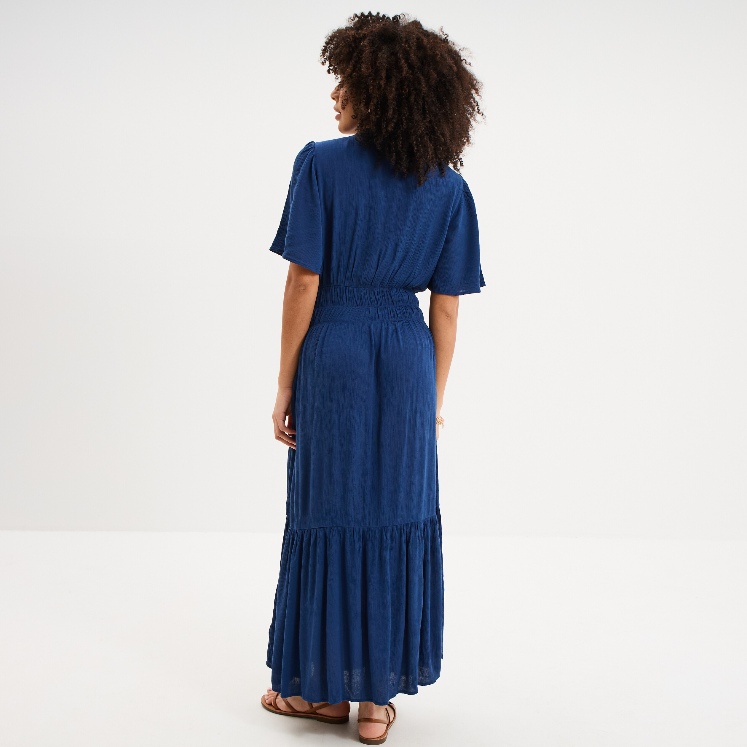Robe longue col tunisien manches courtes bleu marine femme