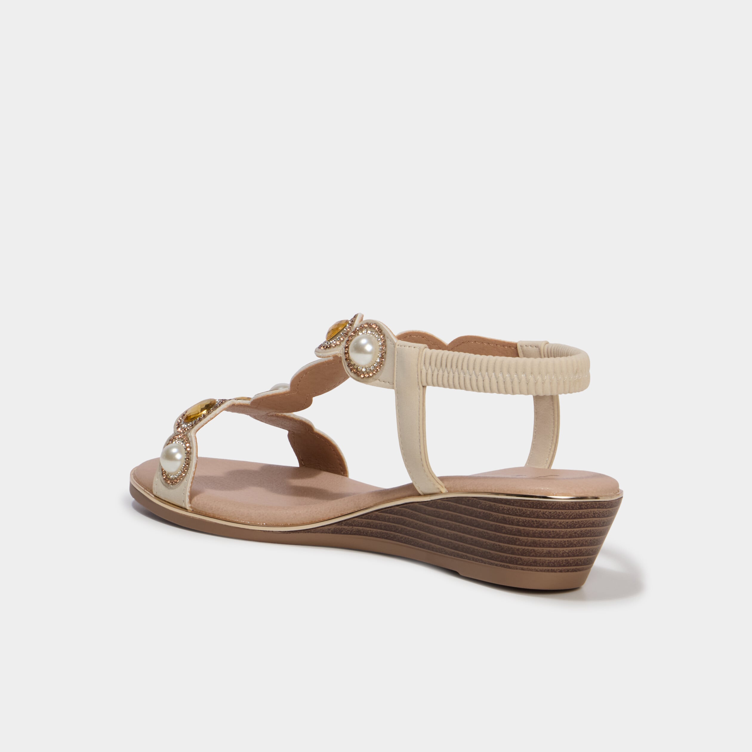 Sandales compens&eacute;es d&eacute;tails bijoux blanc femme