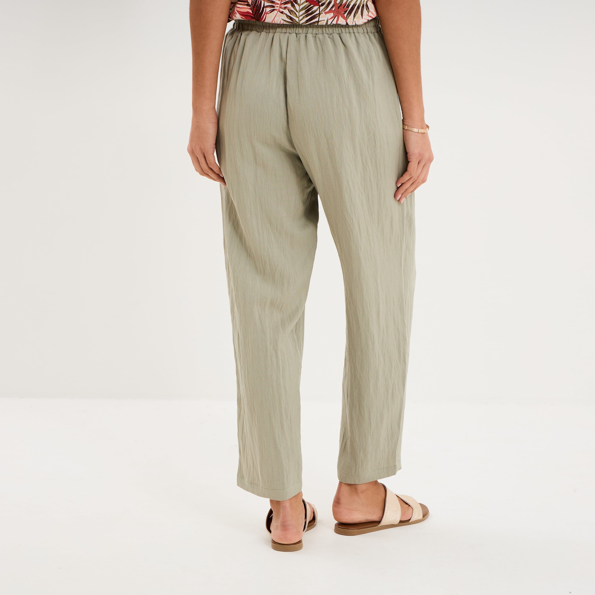 Pantalon fluide carotte &eacute;lastiqu&eacute;e vert kaki femme
