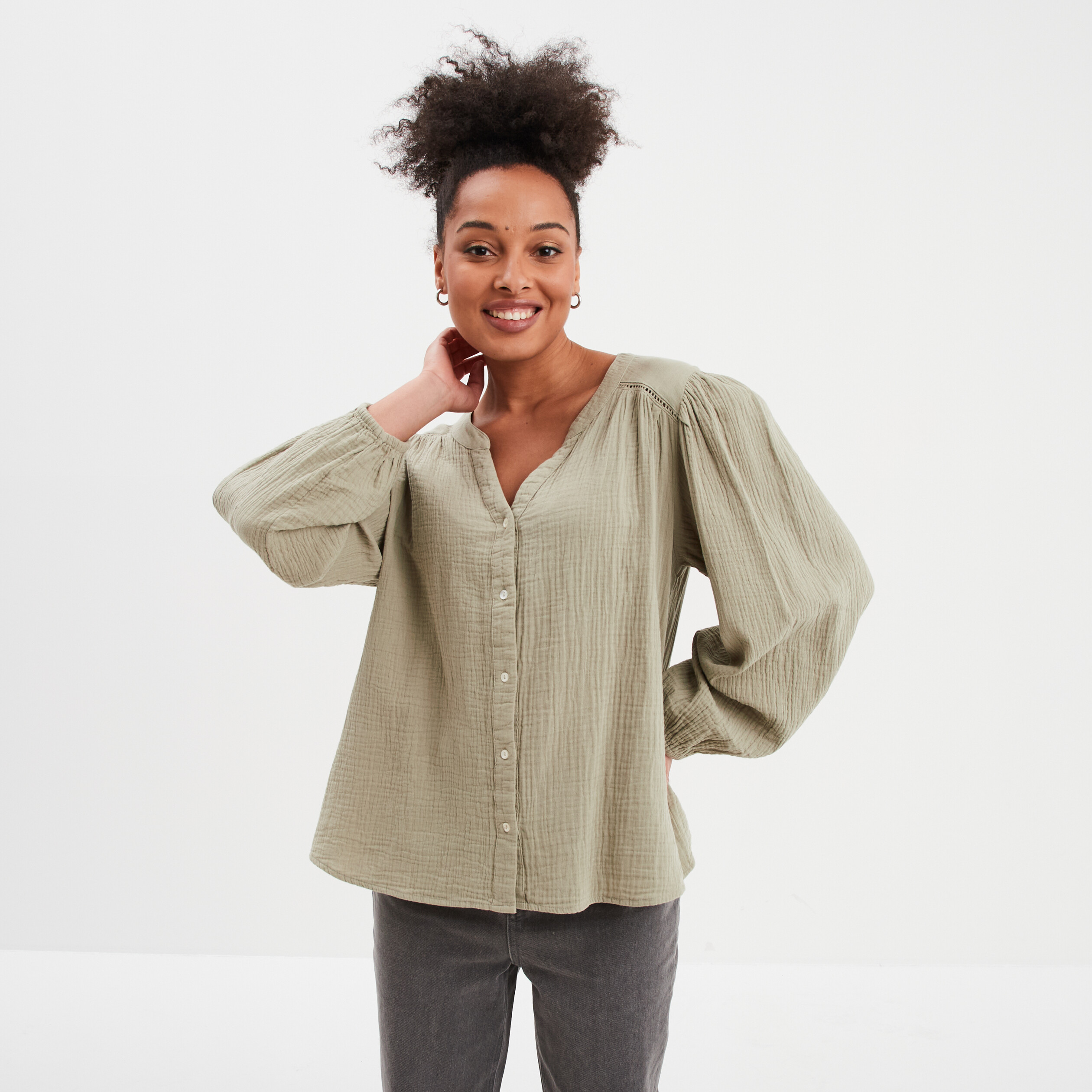 blouse col tunisien gaze de coton creeks vert kaki femme Blouse col tunisien gaze de coton Creeks vert kaki femme