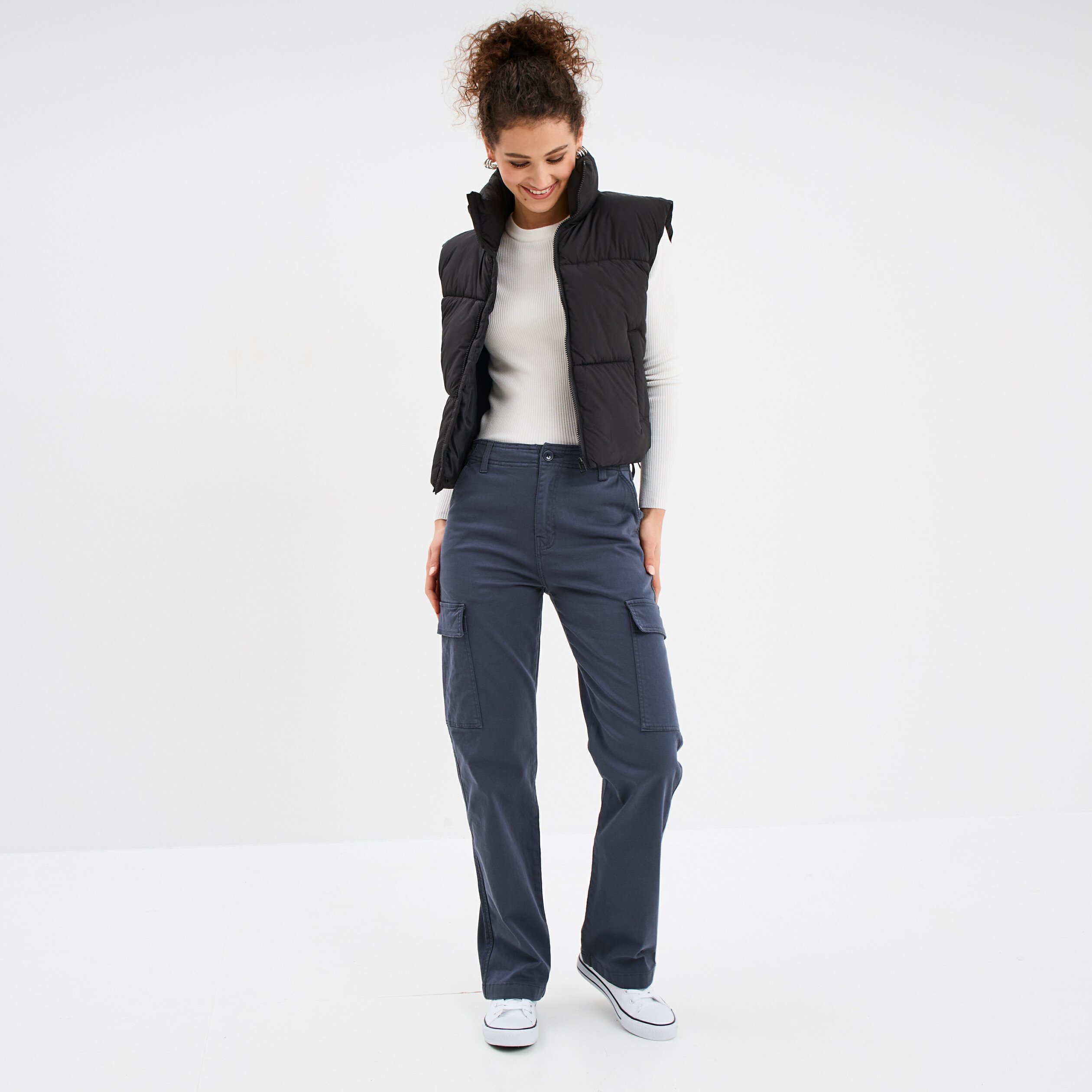 pantalon cargo droit bleu gris femme Pantalon cargo droit bleu gris femme