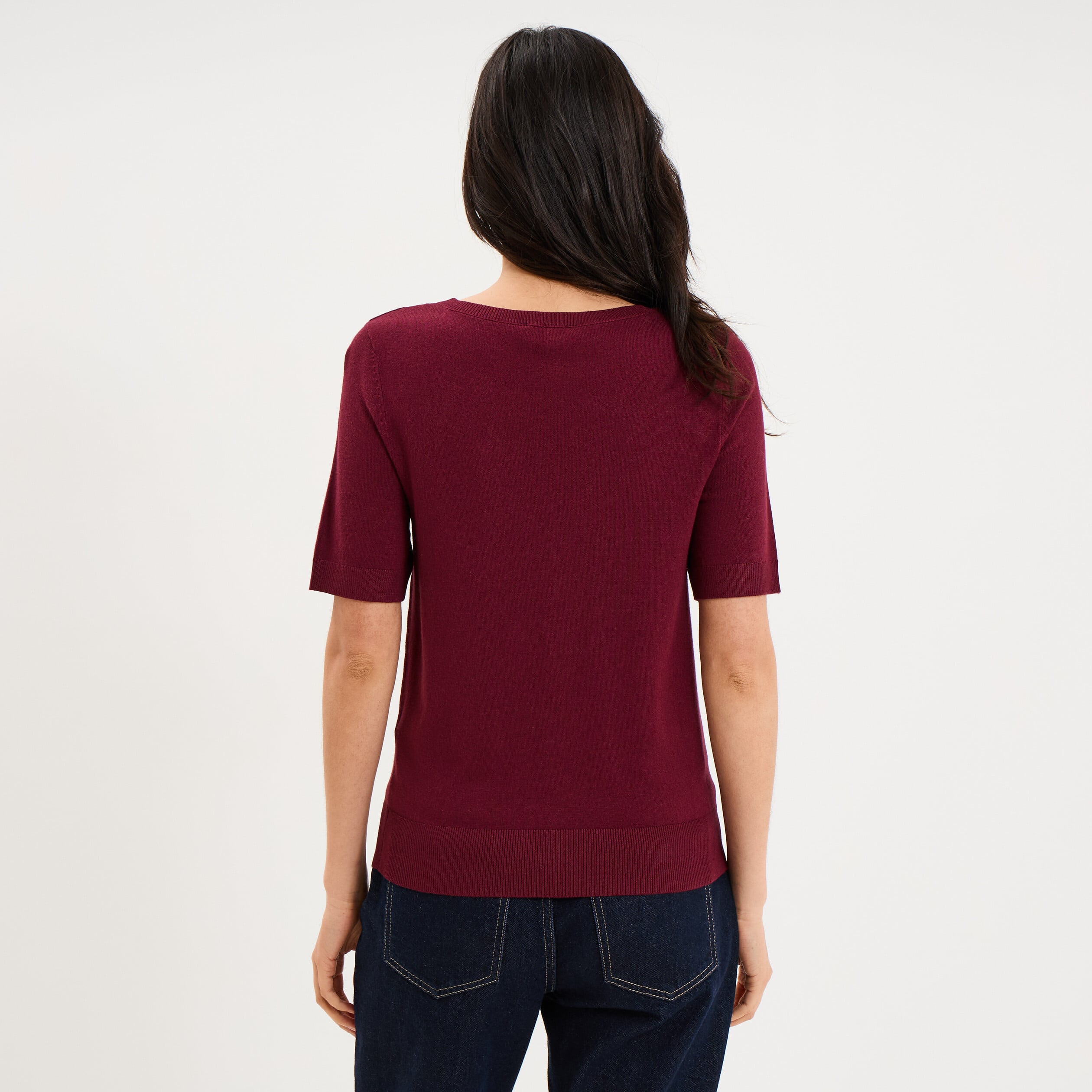Pull manches courtes col rond bordeaux femme