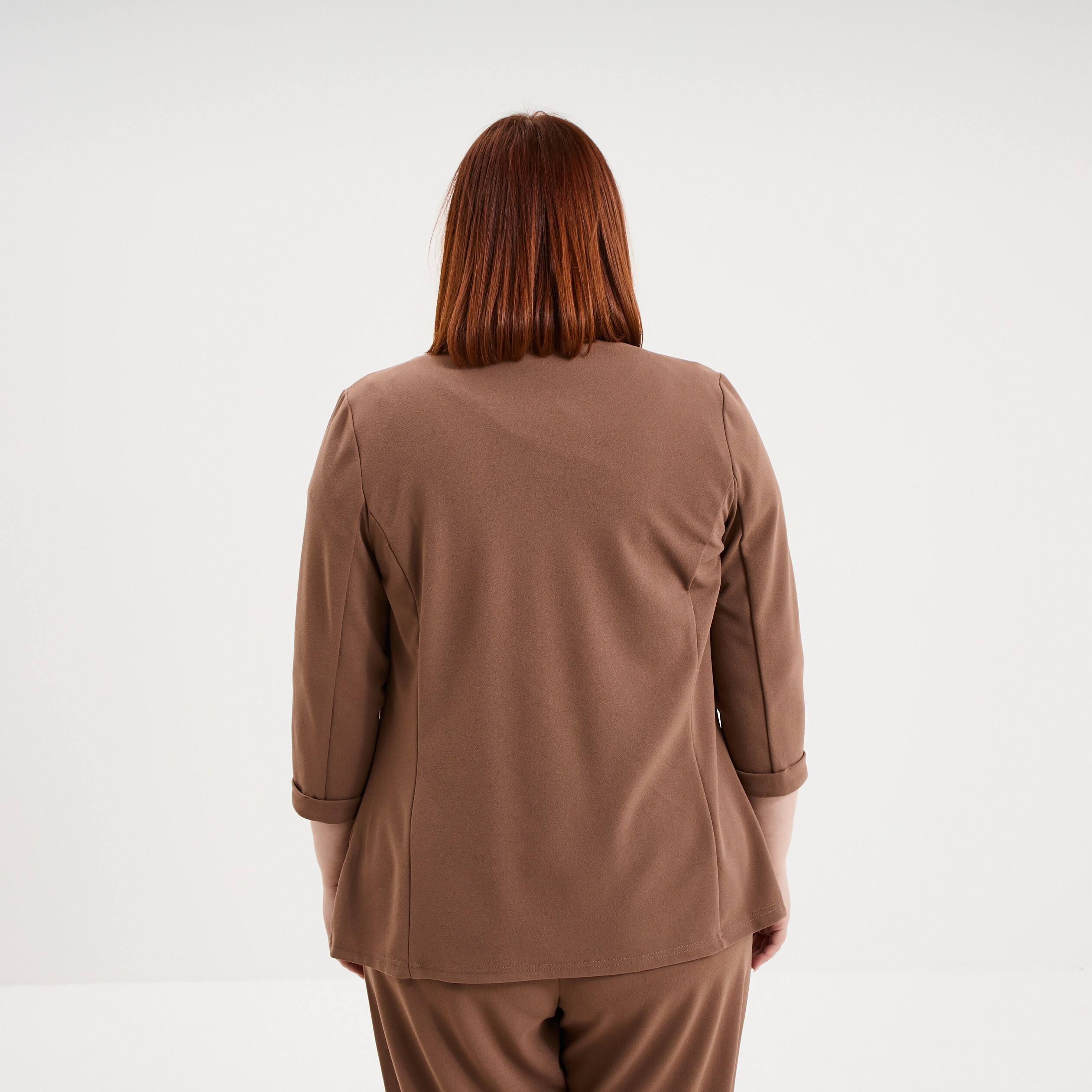 Veste blazer maille cr&ecirc;pe manches 3/4 marron clair femme grande taille