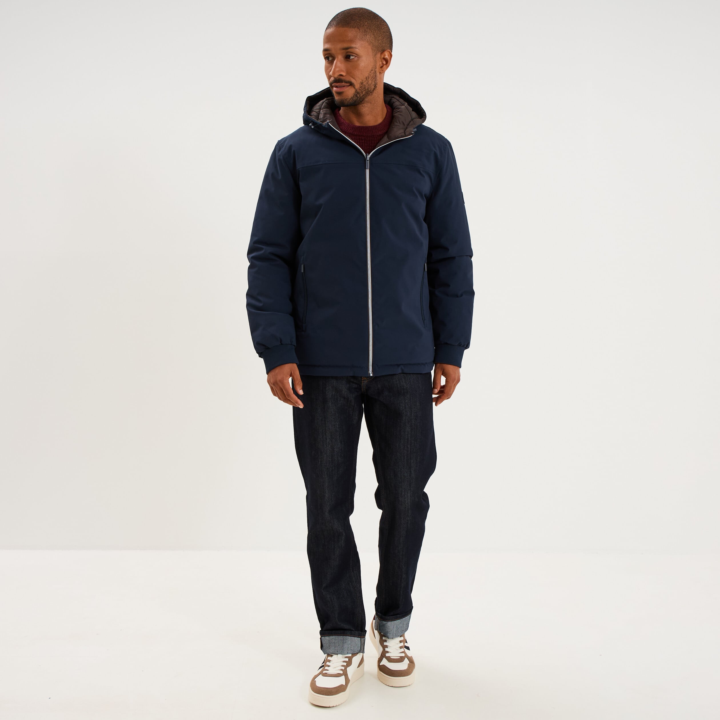 Blouson r&eacute;versible &agrave; capuche zipp&eacute; bleu marine homme
