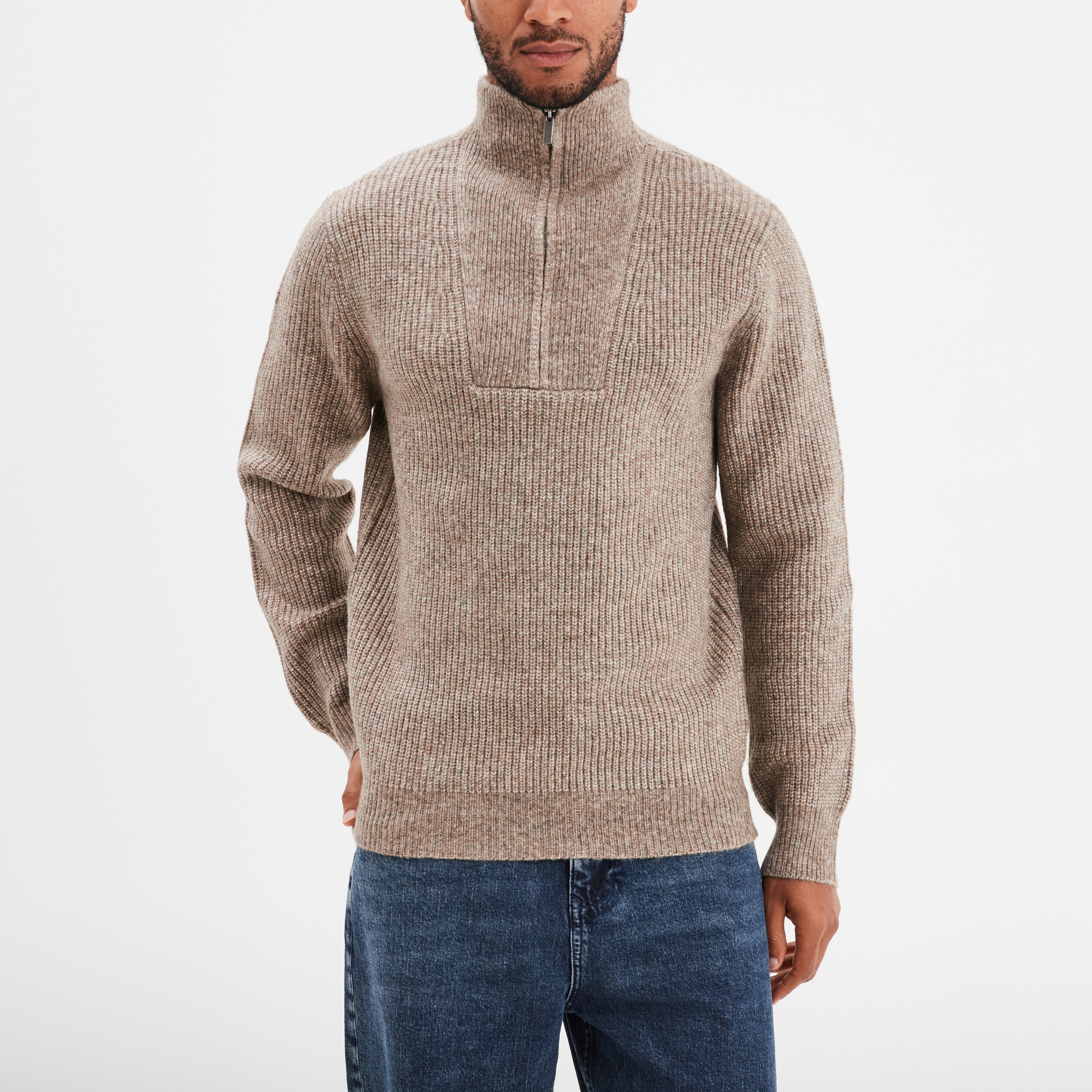 pull avec col camionneur cotele taupe homme Pull avec col camionneur côtelé taupe homme