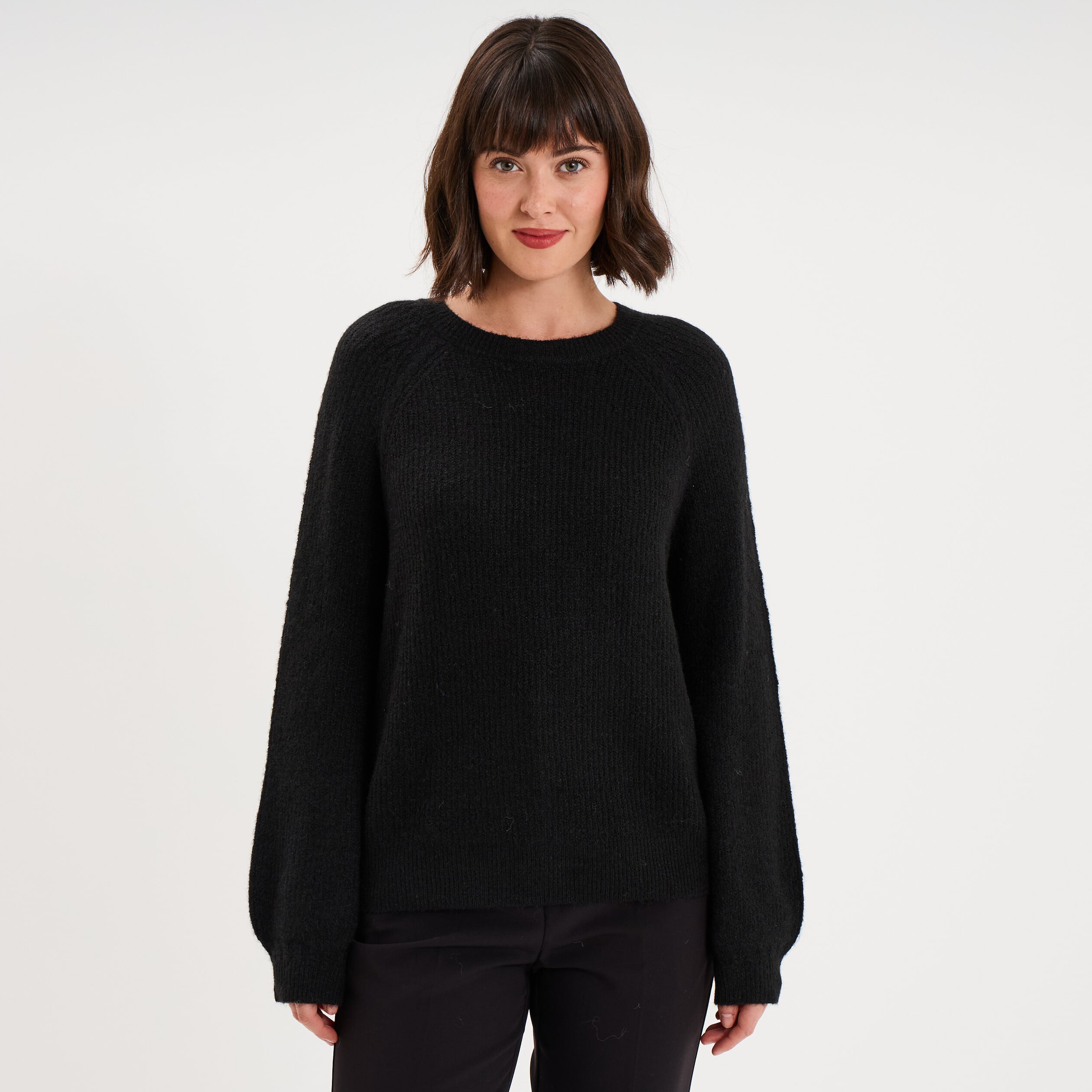 Pull col rond manches longues noir femme