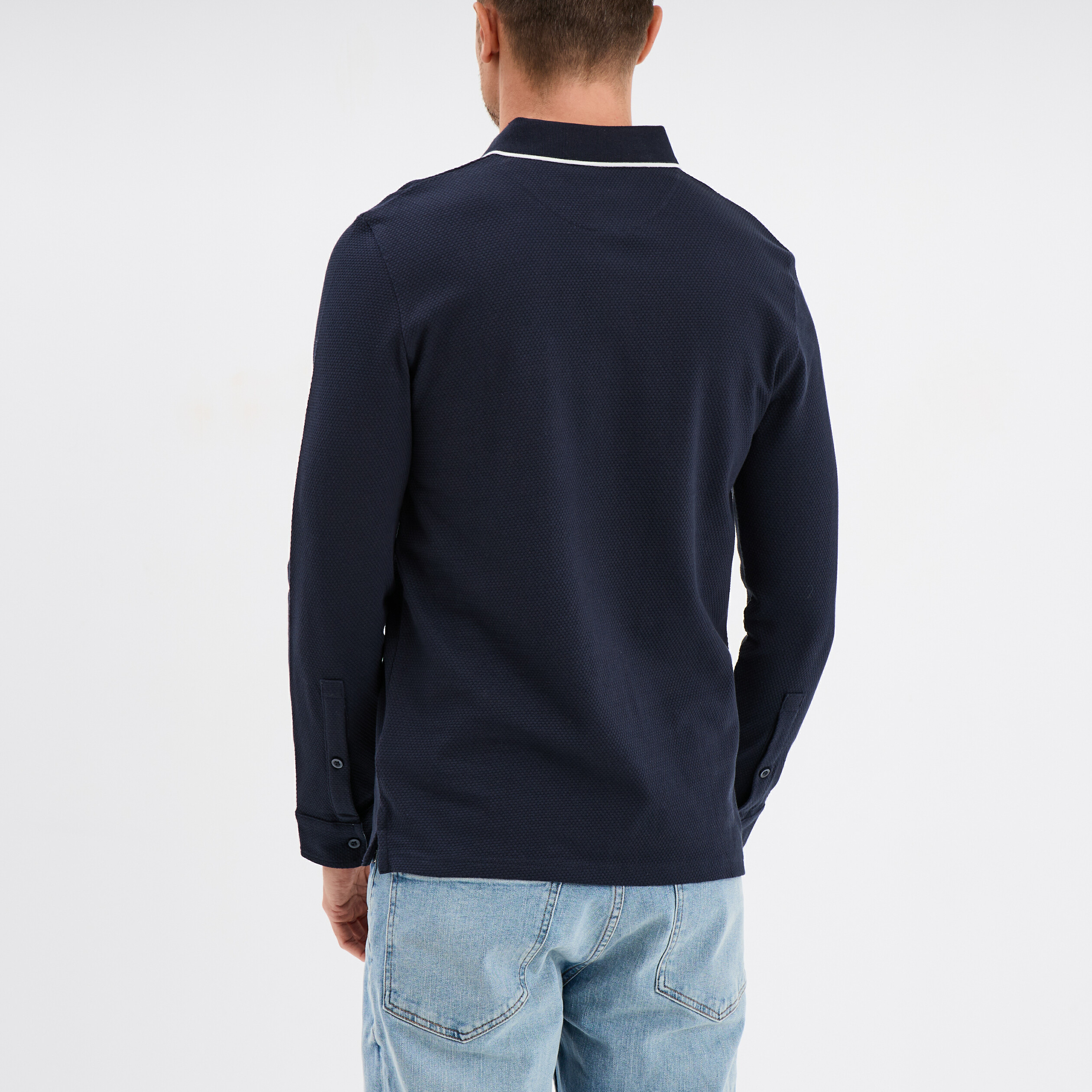 Polo droit manches longues coton bleu fonc&eacute; homme