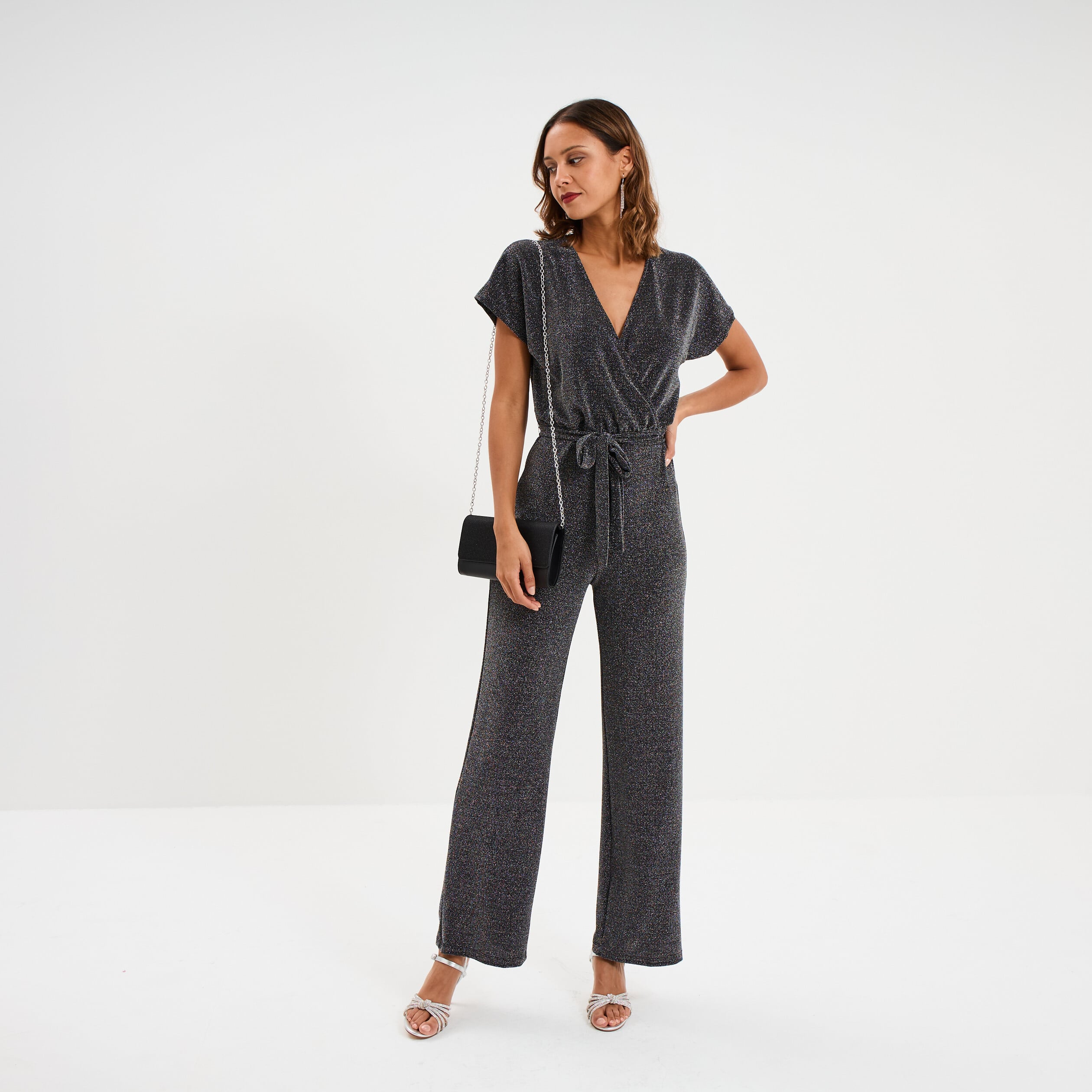 Combinaison pantalon paillettes gris argent femme