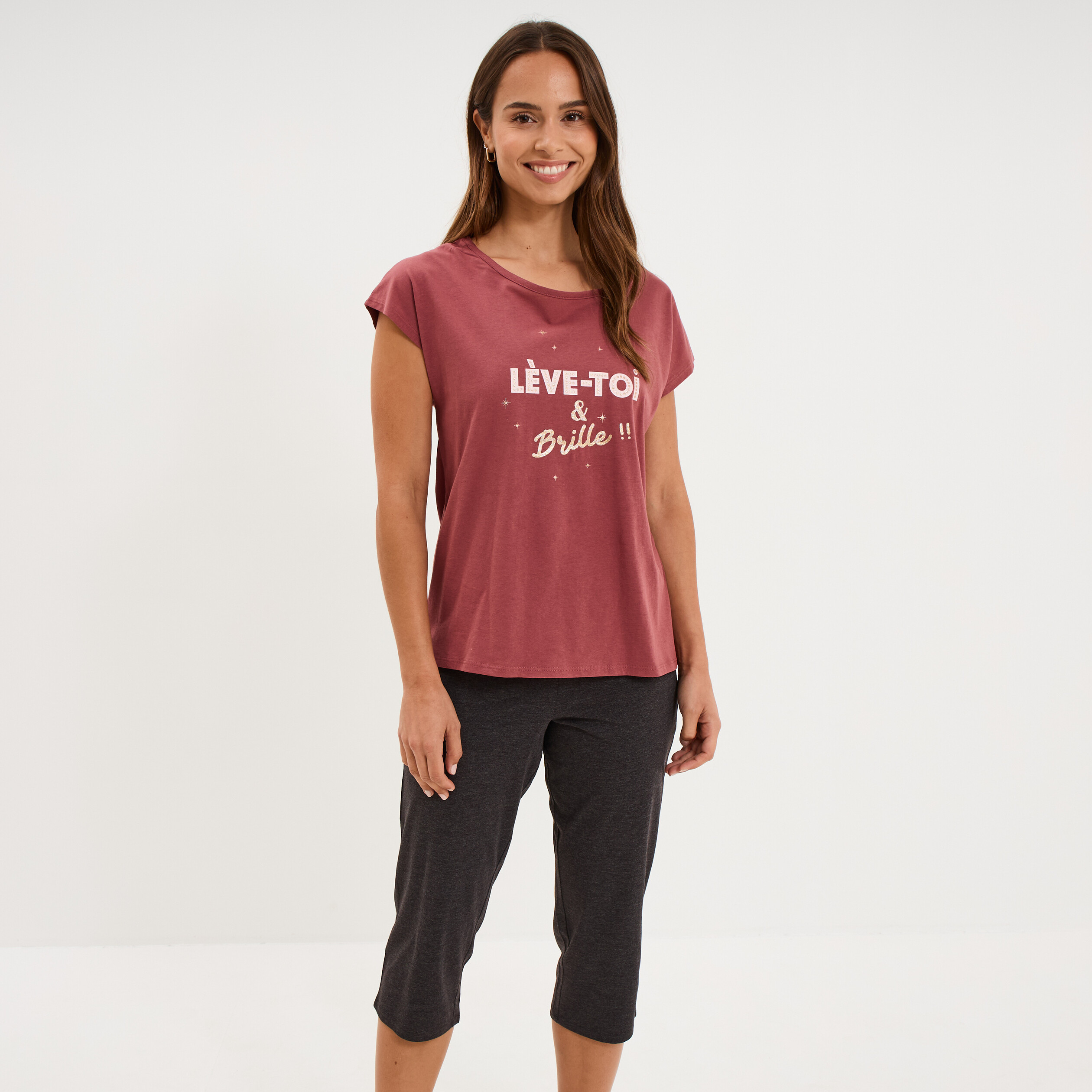 Ensemble pyjama corsaire t-shirt rose framboise femme