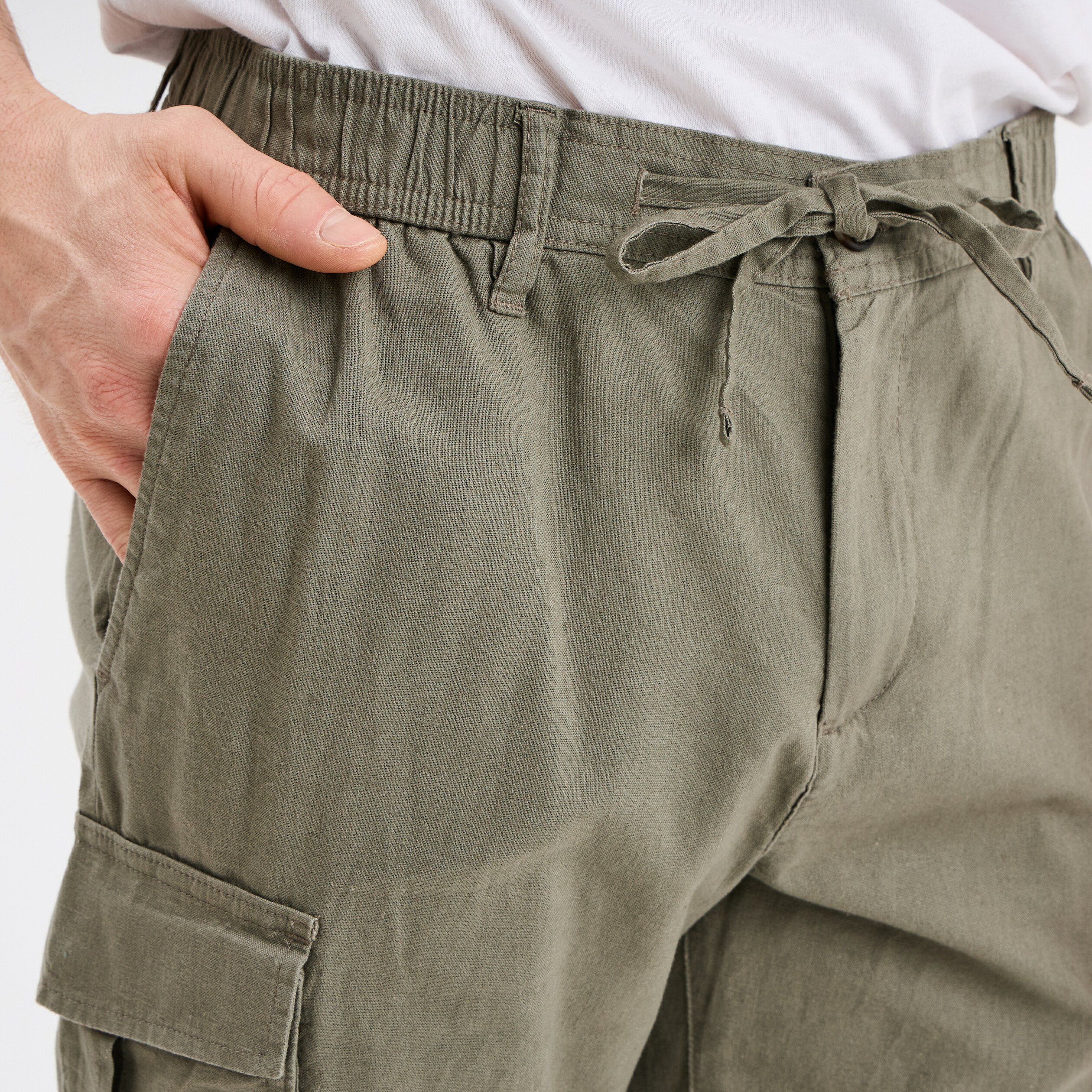 Bermuda cargo en lin mélangé vert kaki homme