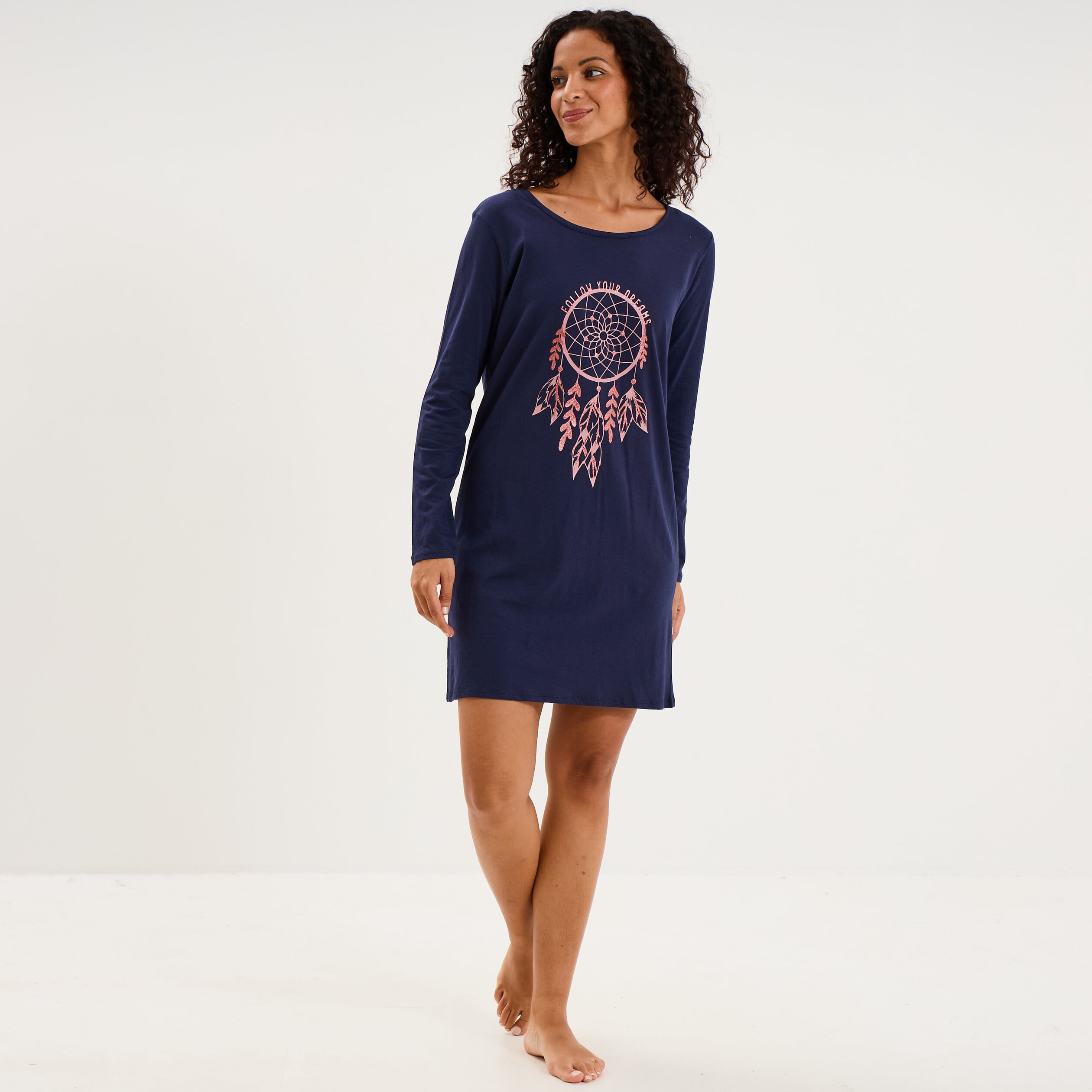 Chemise de nuit manches longues coton bleu marine femme