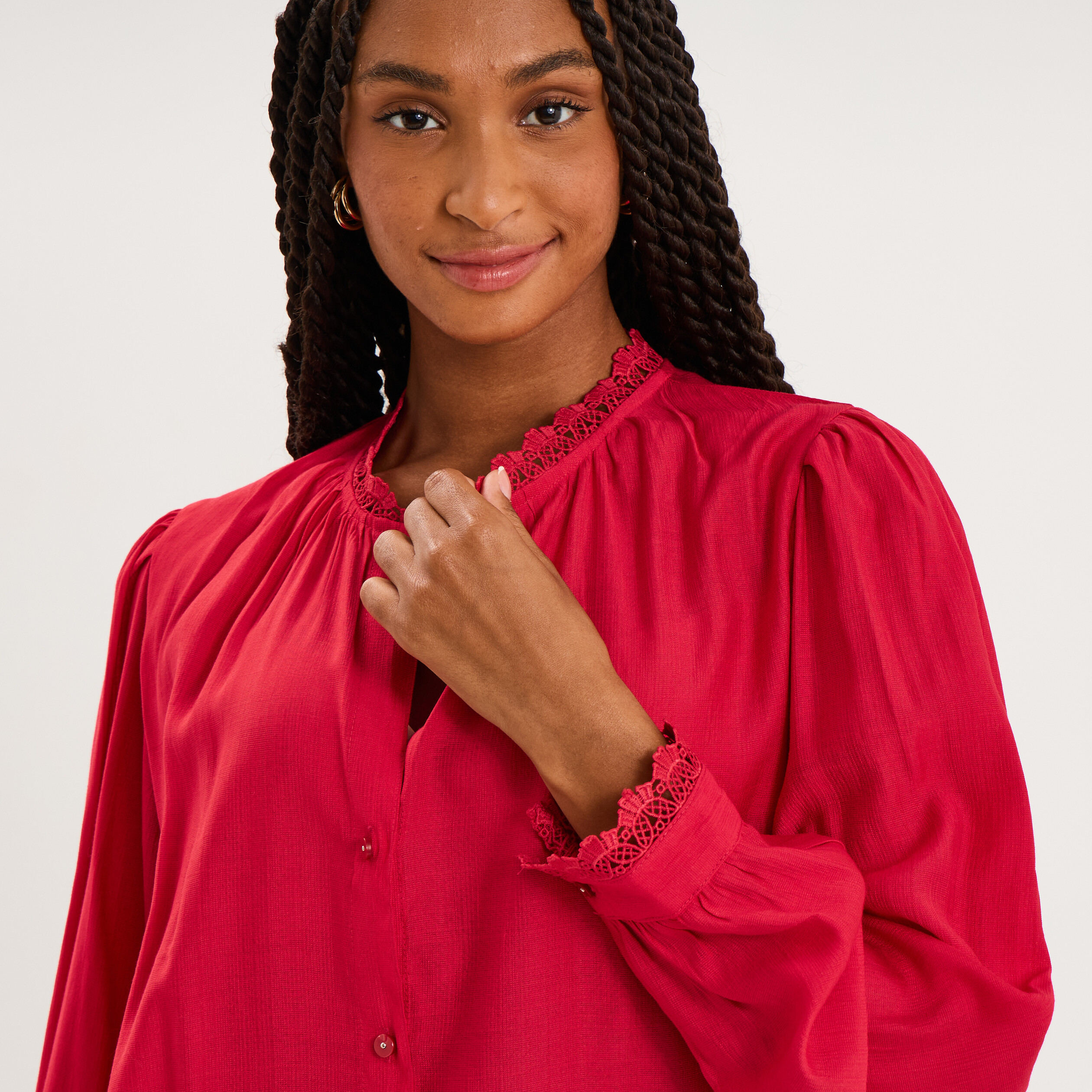 Blouse manches longues col dentelle rose cerise femme