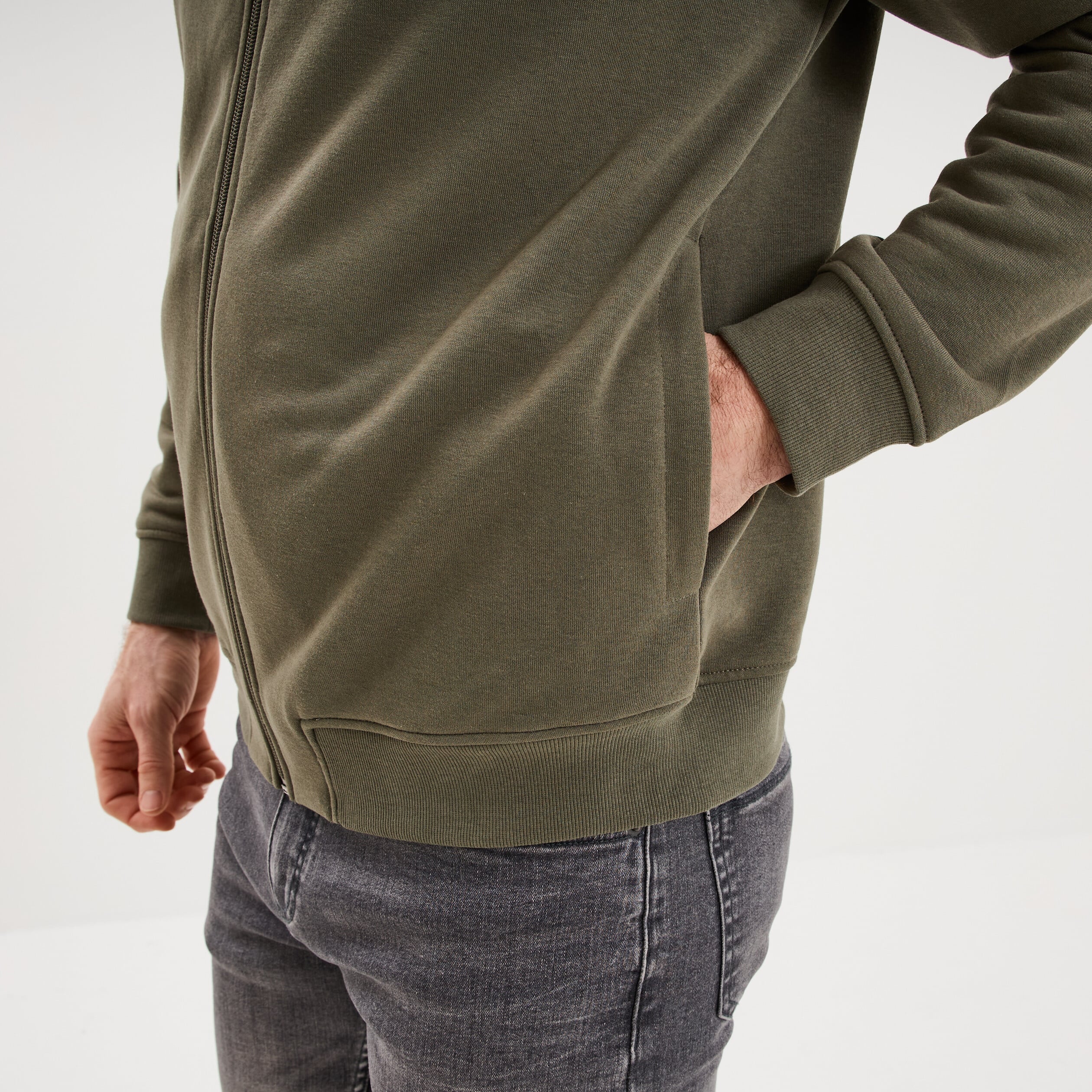 Gilet molletonn&eacute; zipp&eacute; col teddy vert kaki homme