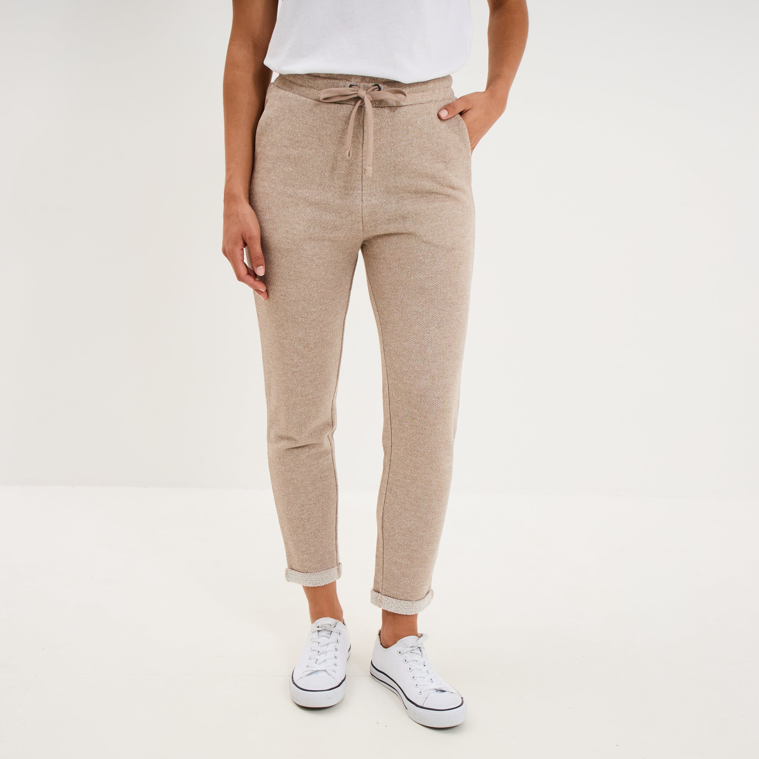 Pantalon jogging taille haute beige femme