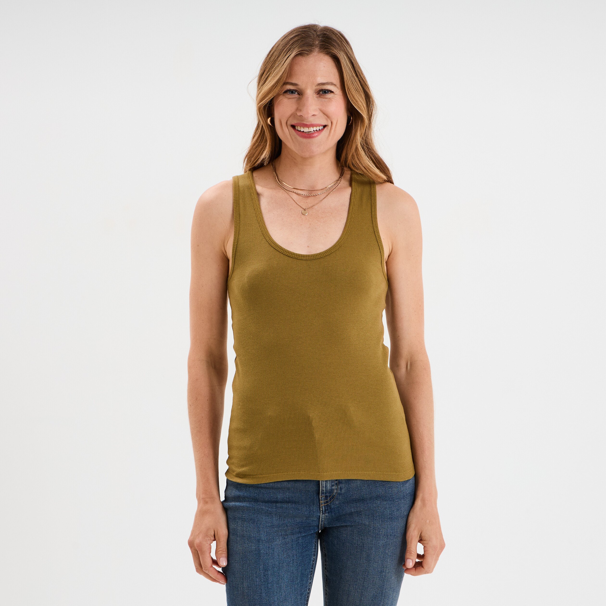 debardeur col rond cotele coton vert kaki femme Débardeur col rond côtelé coton vert kaki femme