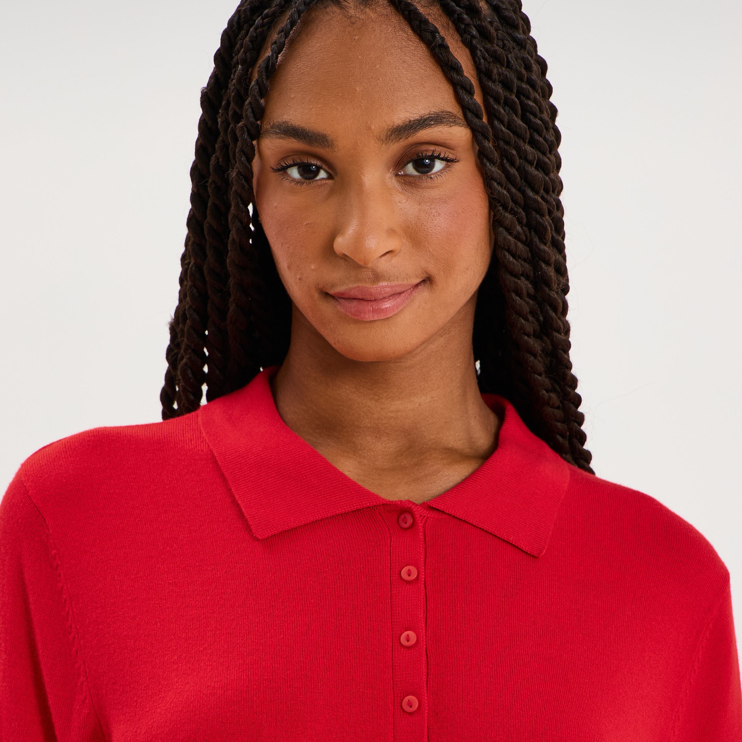 Pull col polo manches courtes rouge femme