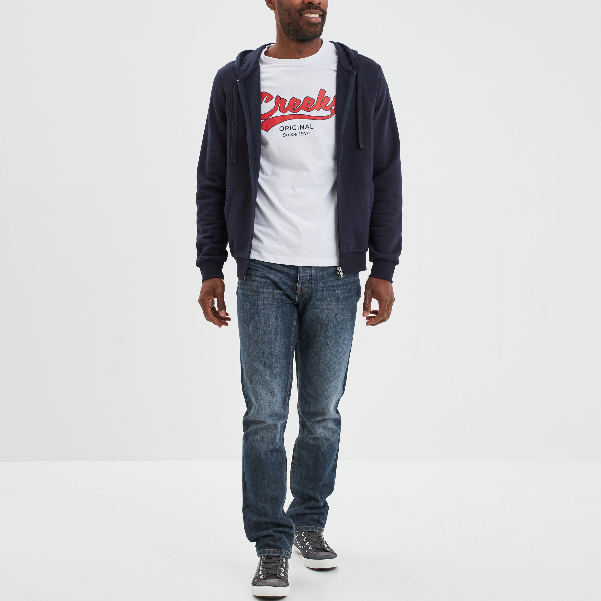Sweat zippé molleton à capuche bleu marine homme