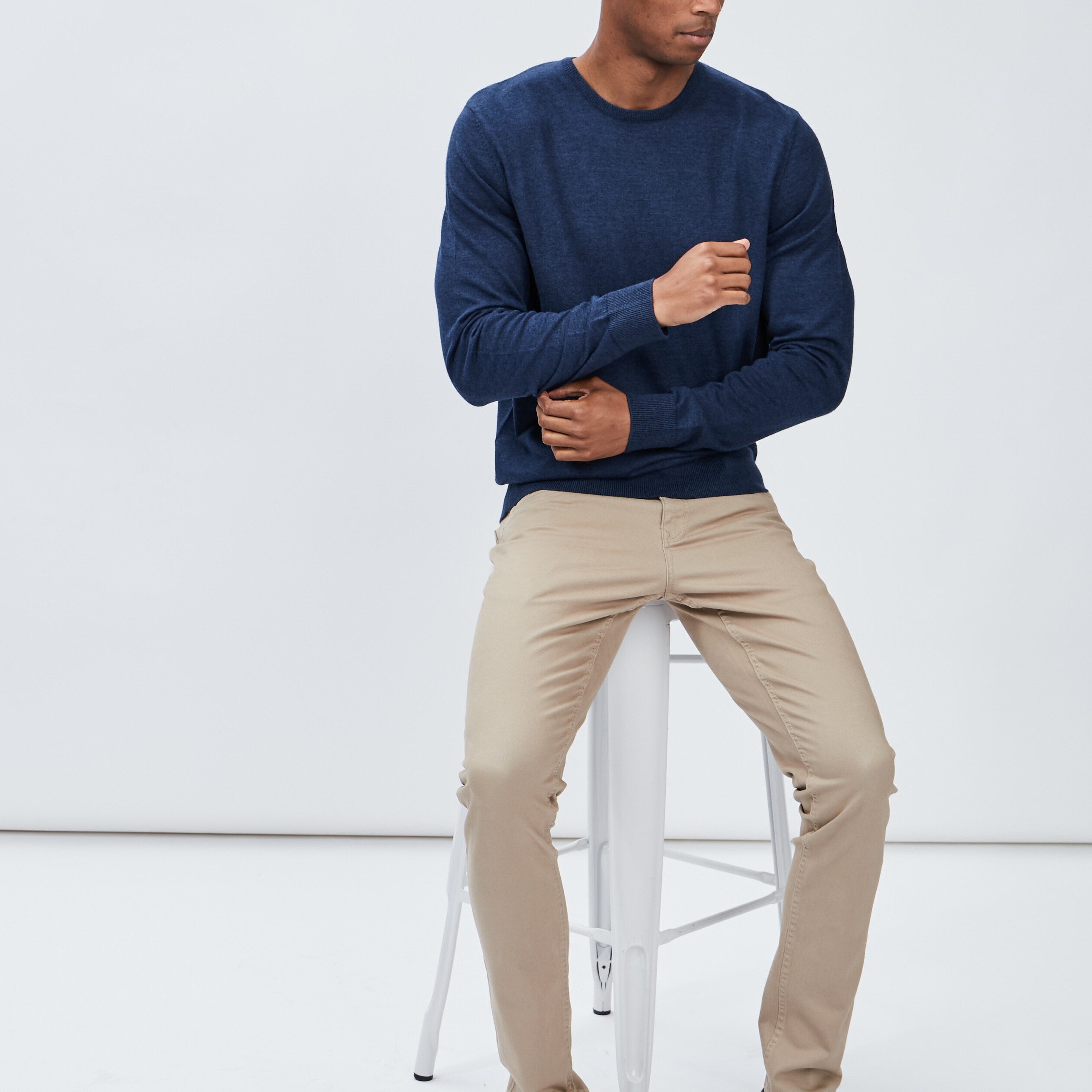 Pull droit col rond coton m&eacute;lang&eacute; bleu fonc&eacute; homme