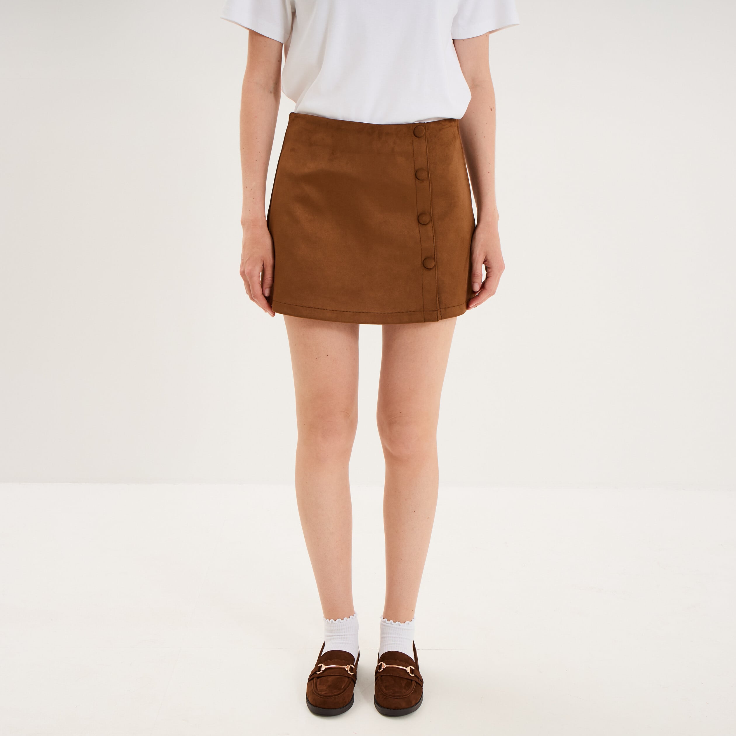 Jupe courte effet su&eacute;dine camel femme