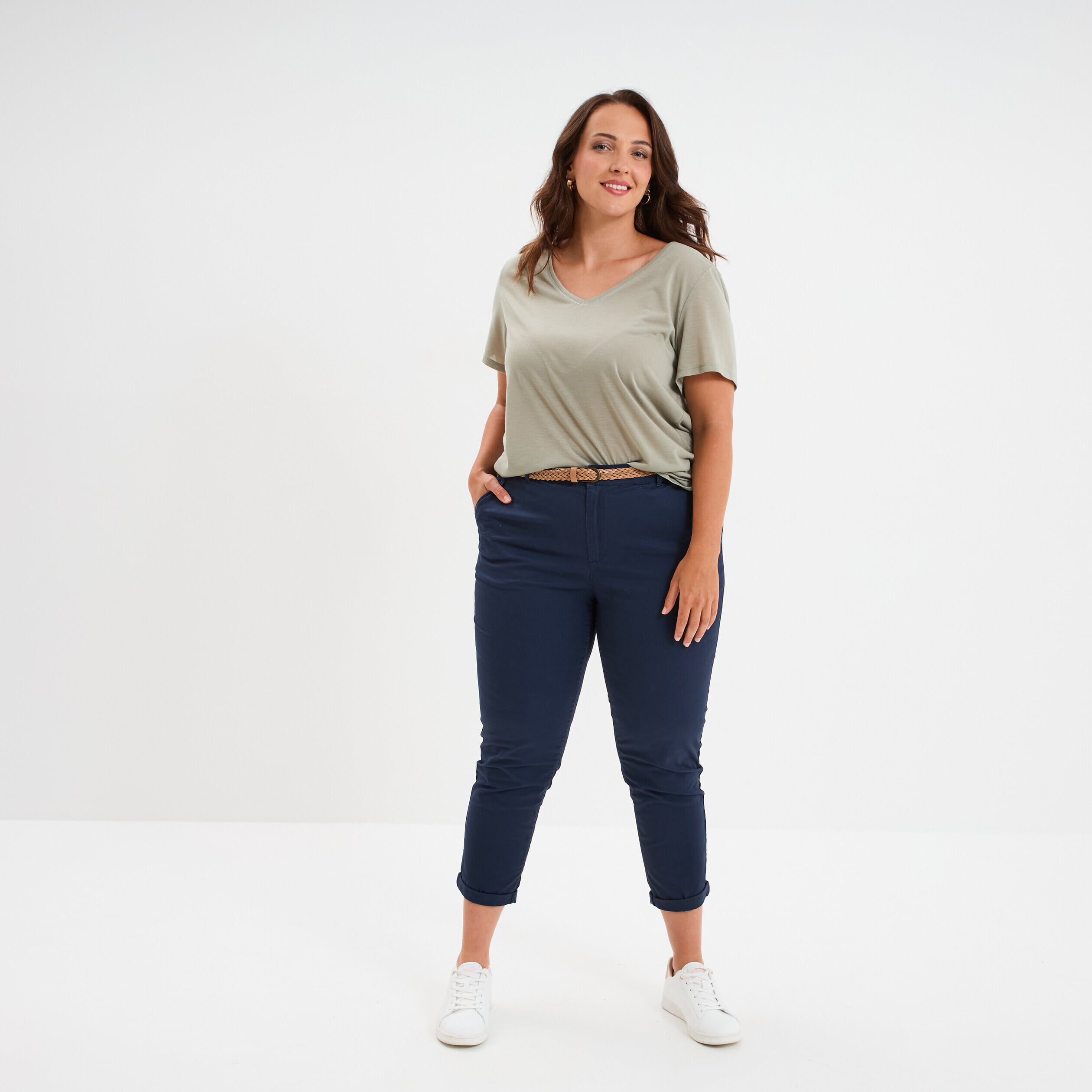 Pantalon chino taille haute coton bleu marine femme grande taille