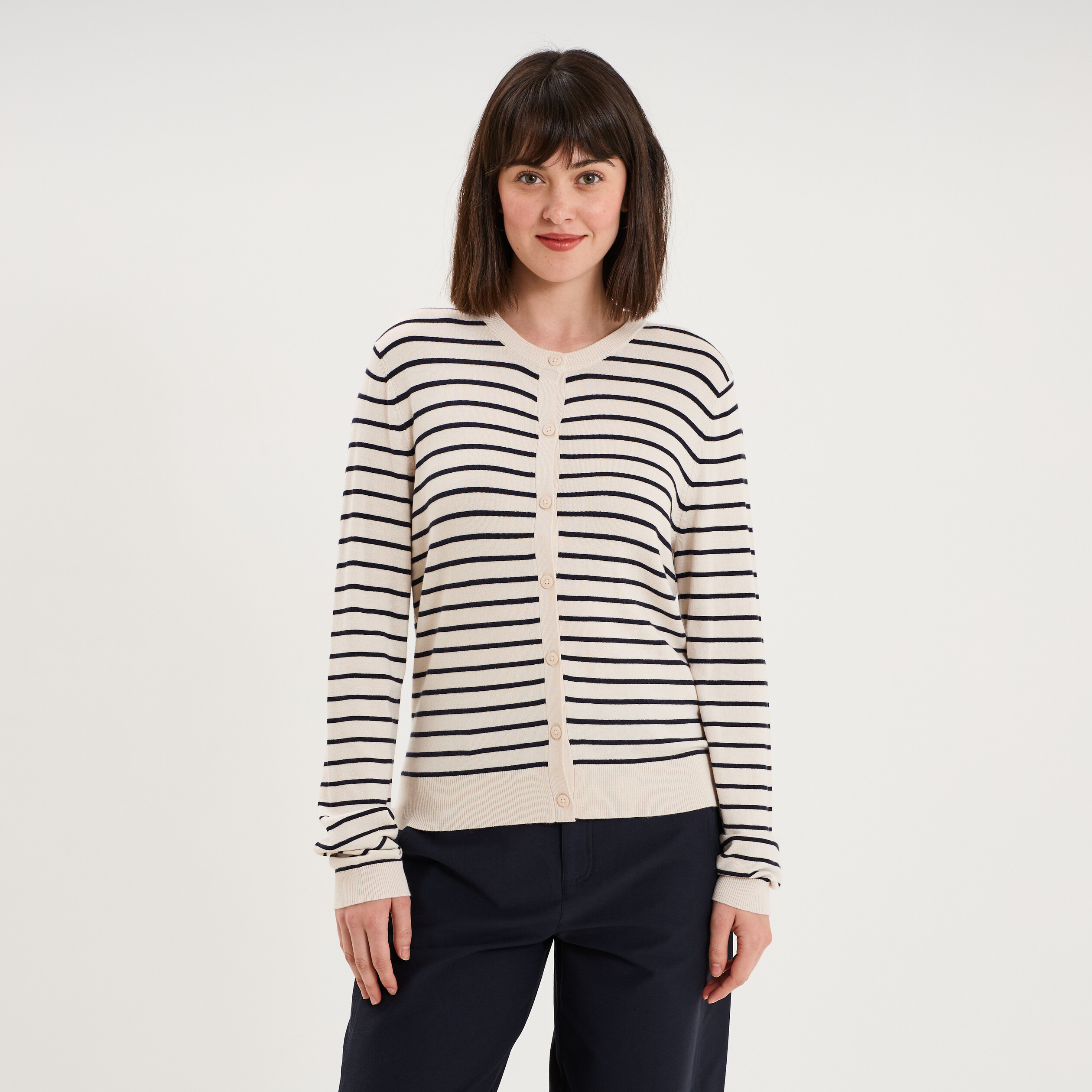 Gilet col rond manches longues sable femme