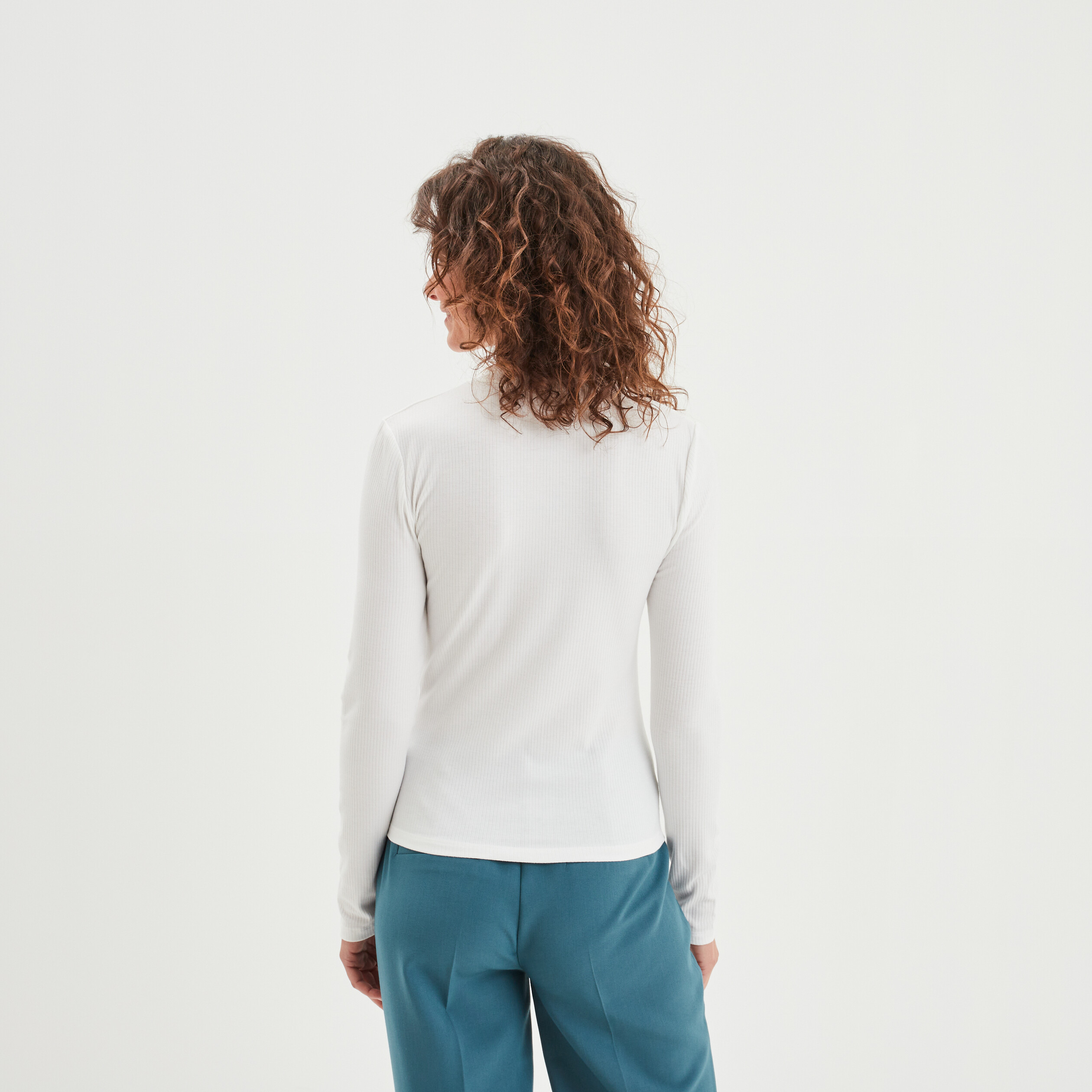 t shirt cotele col montant ajuste blanc femme T-shirt côtelé col montant ajusté blanc femme