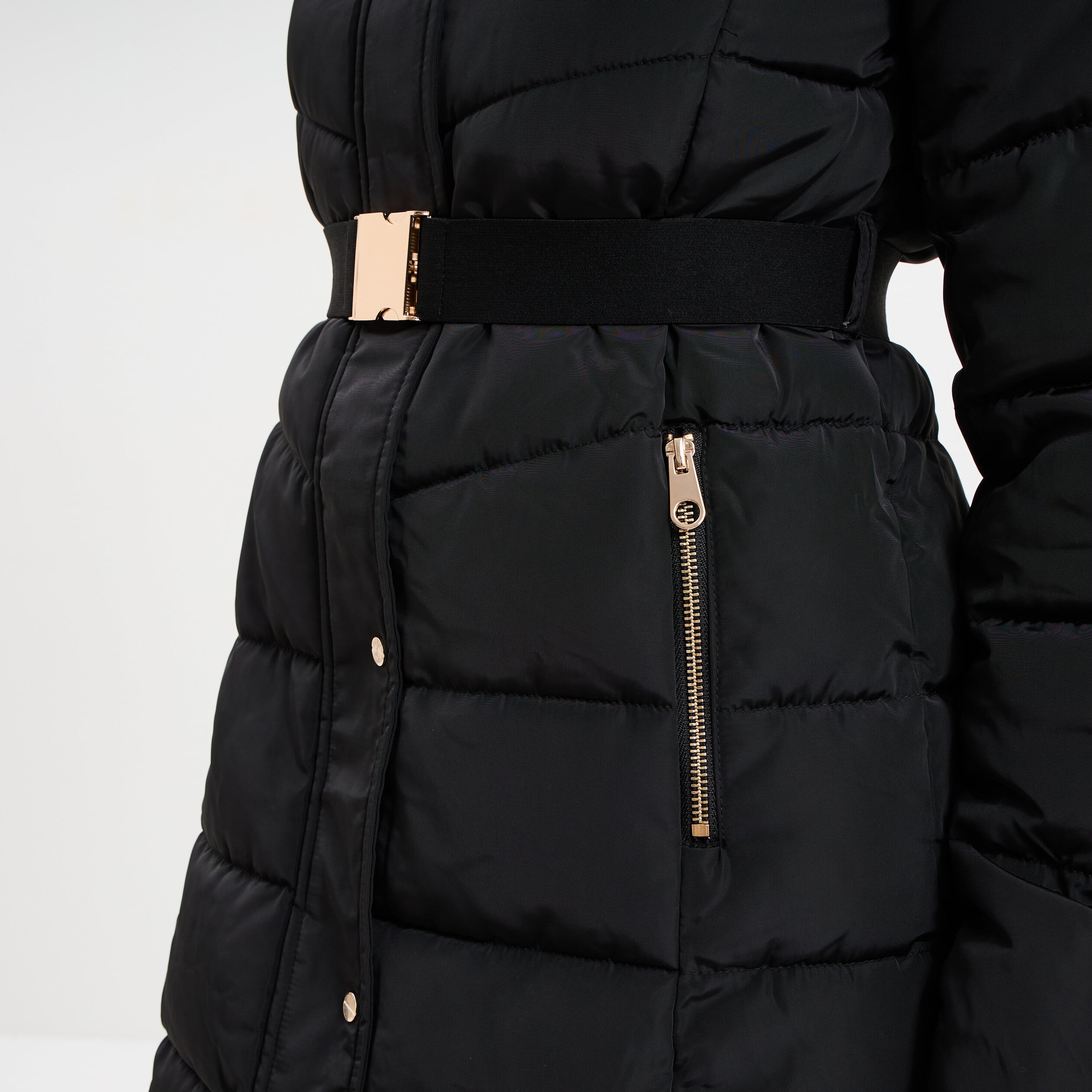 Doudoune ceintur&eacute;e mi-longue &agrave; capuche noir femme
