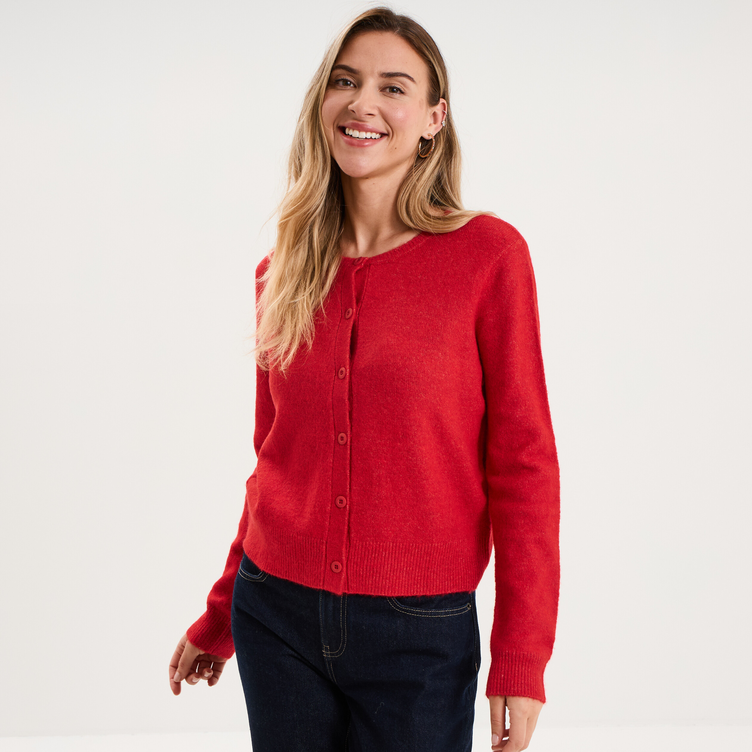 Gilet col rond manches longues rouge femme