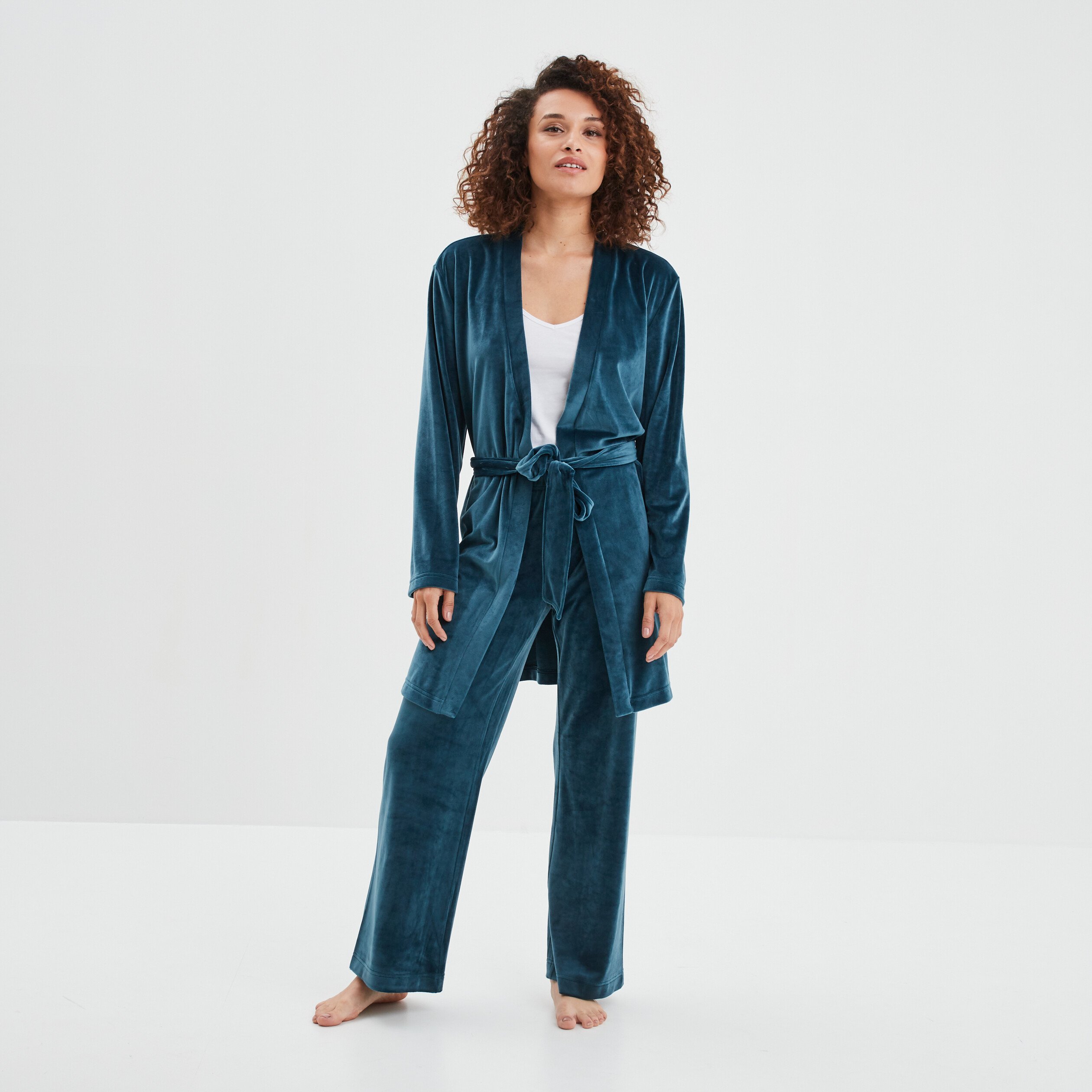 Peignoir velours ceintur Miniato bleu canard femme