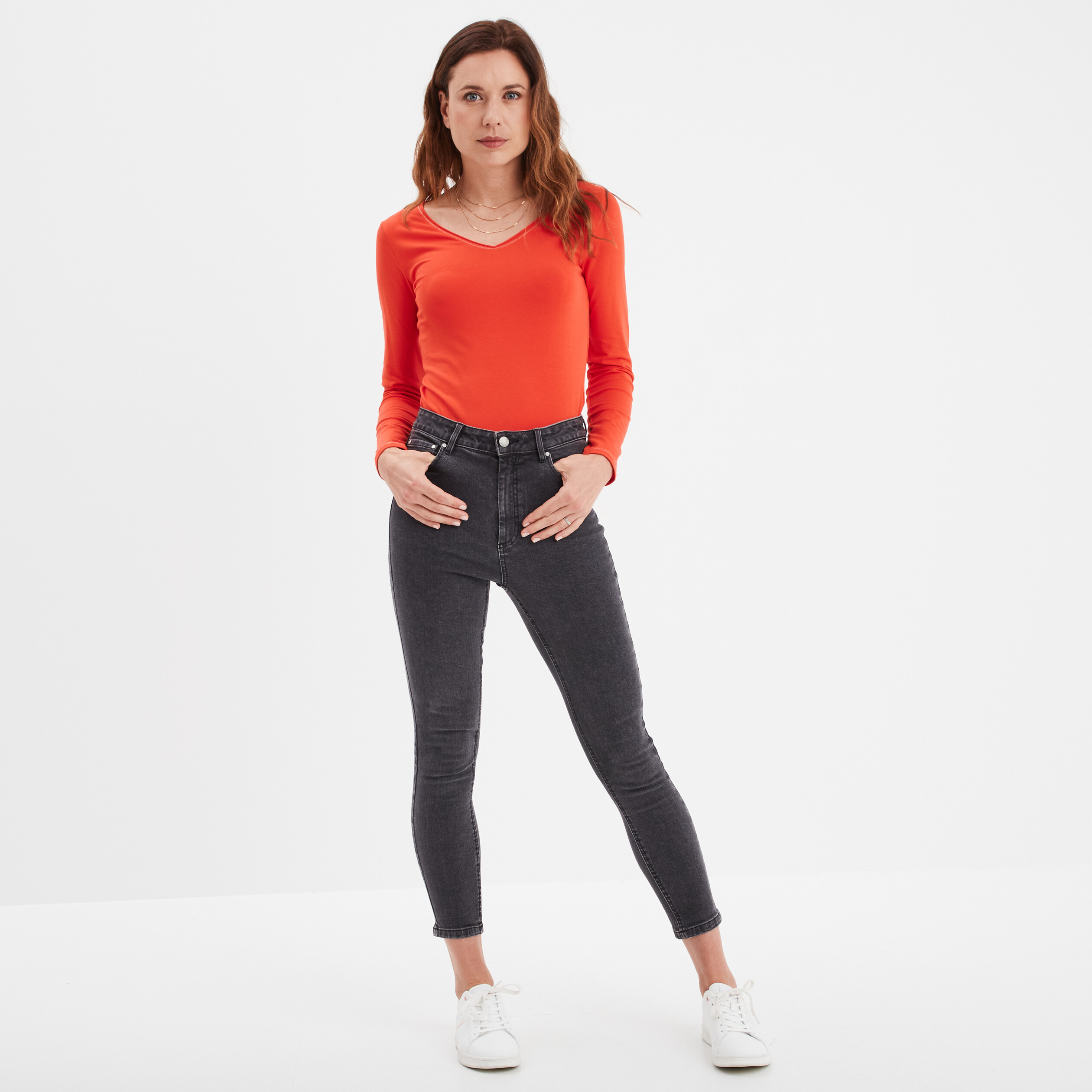 t shirt manches longues col en v coton orange femme T-shirt manches longues col en V coton orange femme