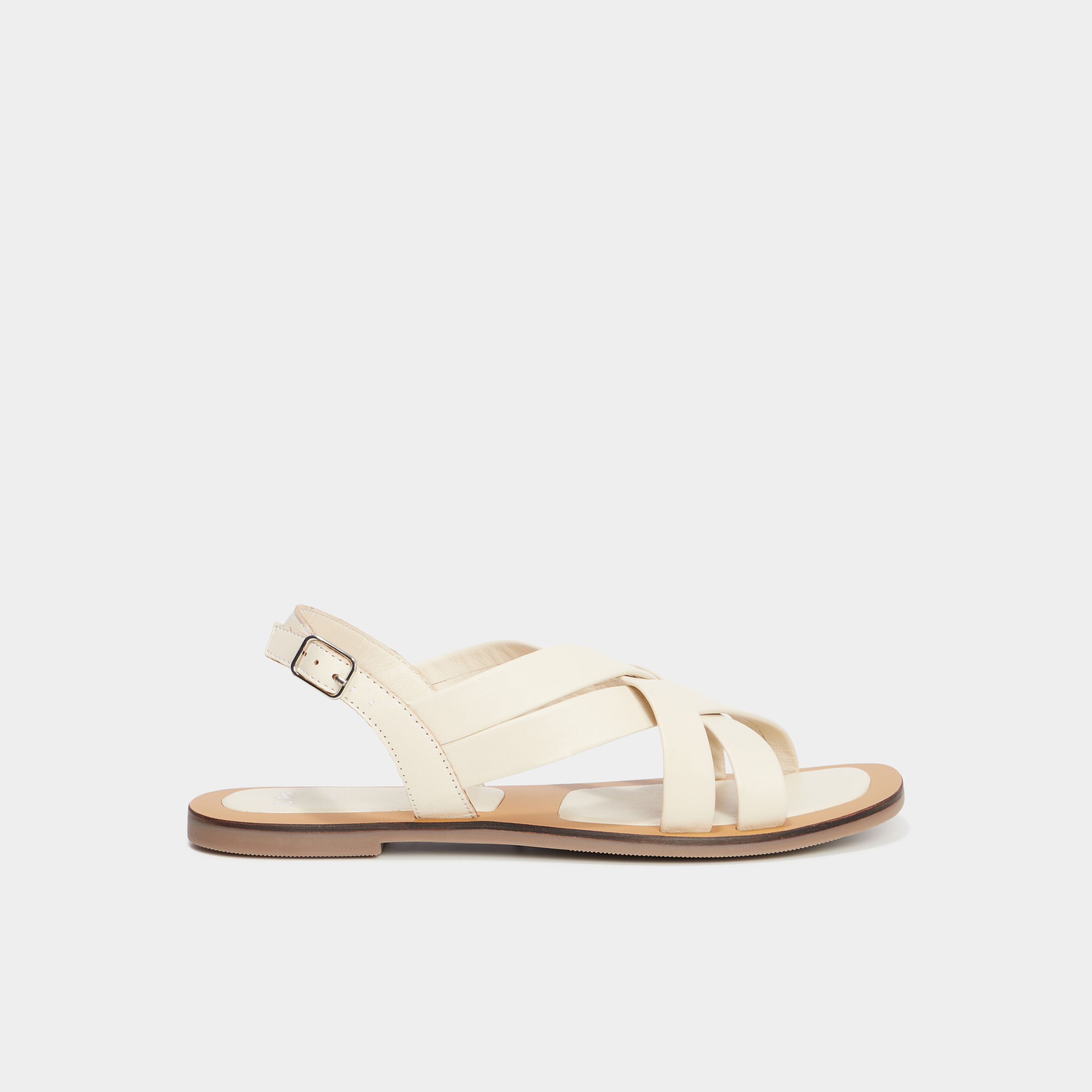 Sandales plates brides crois&eacute;es en cuir blanc femme
