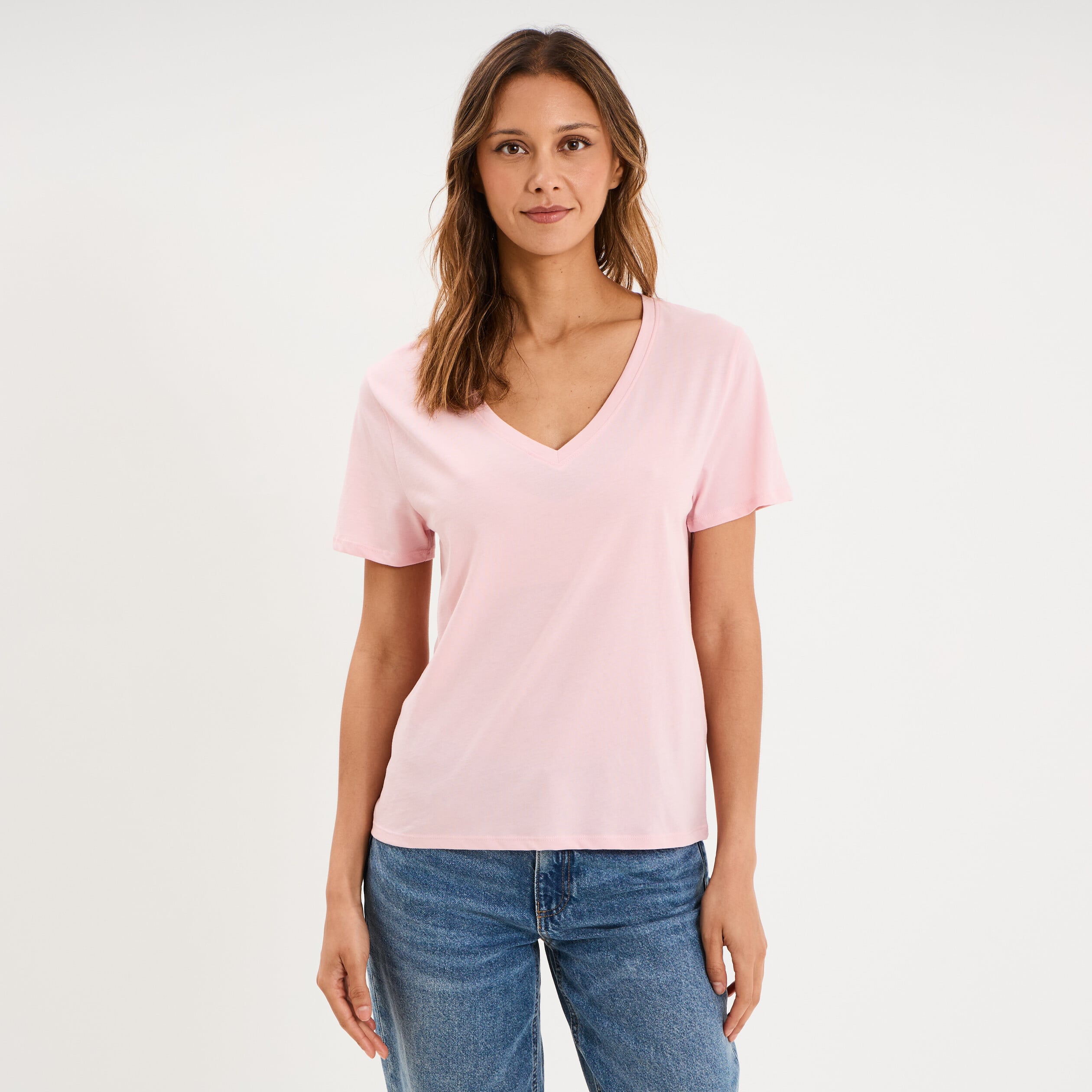 T-shirt manches courtes col en V coton rose clair femme