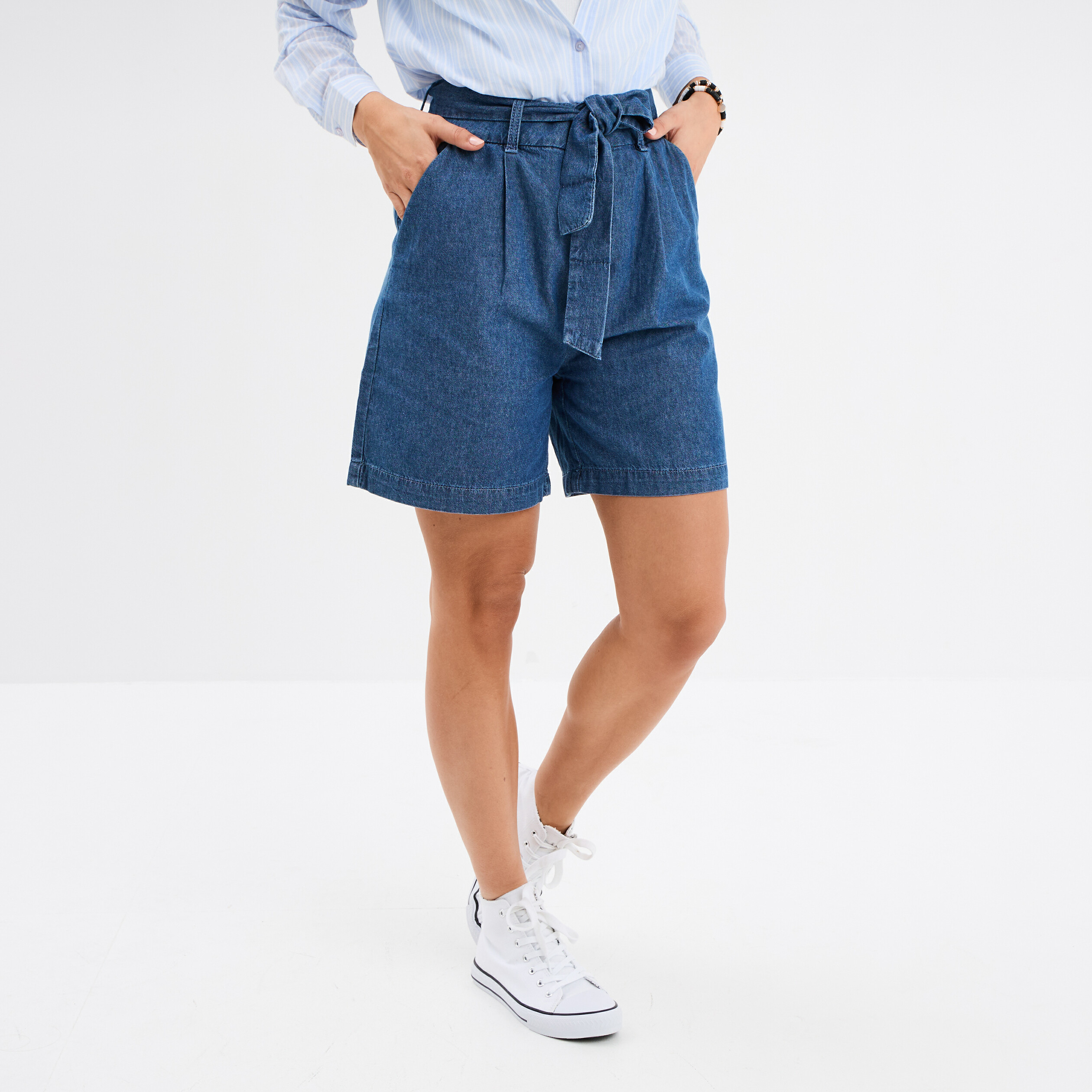 Short large jean coton ceinture à nouer denim double stone femme