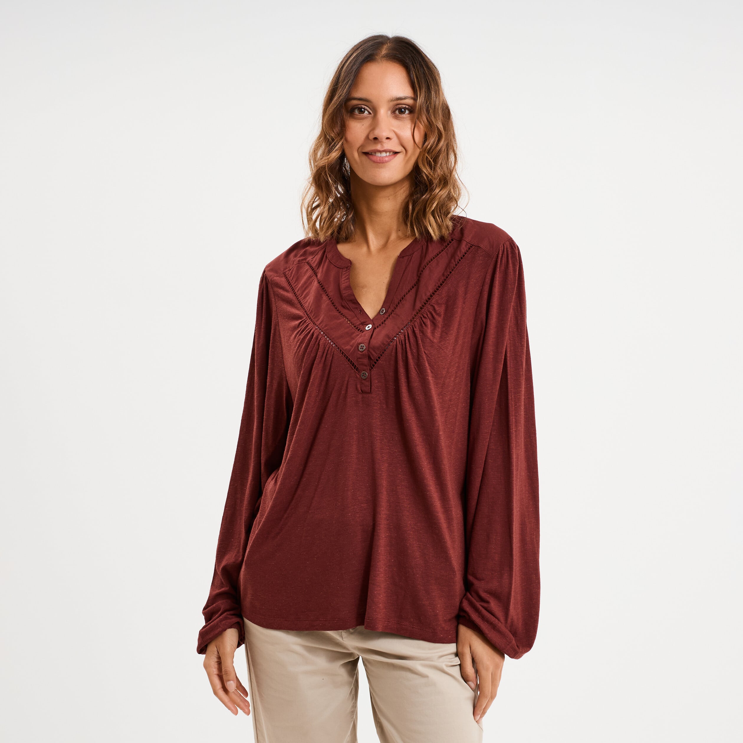 Blouse col tunisien m&eacute;lange lin marron femme