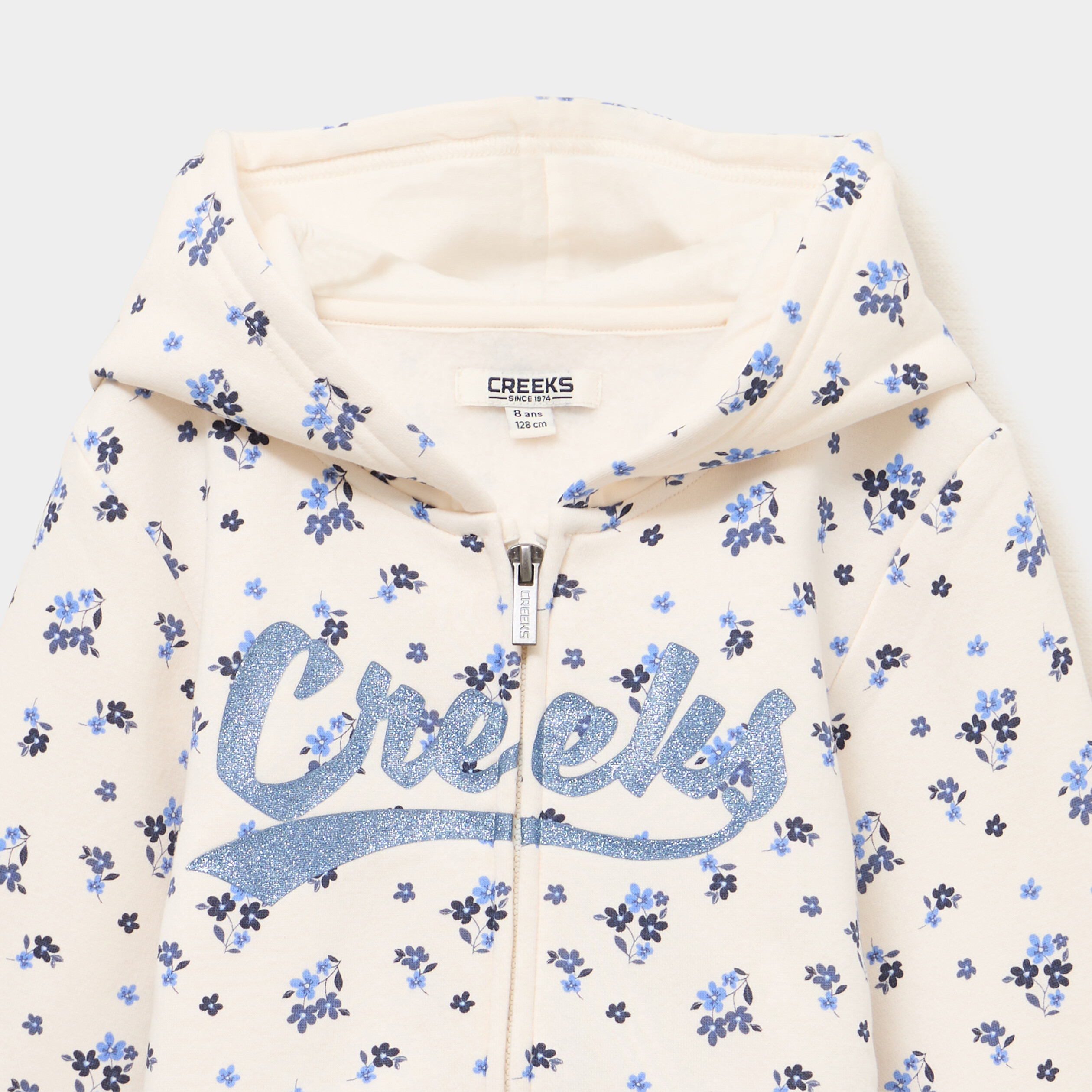 Sweat zipp&eacute; &agrave; capuche ecru fille