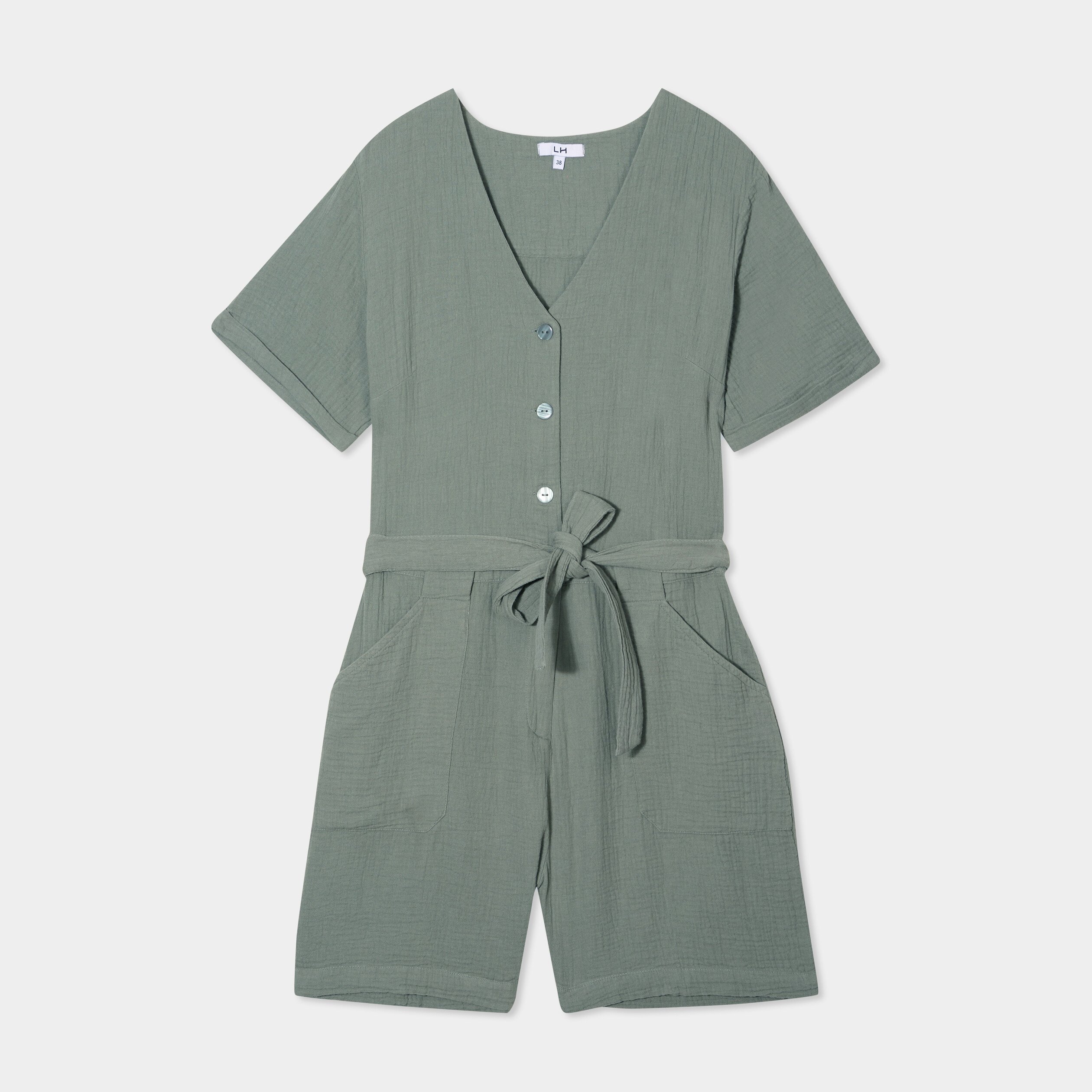 combishort ceinturee en gaze de coton vert kaki femme Combishort ceinturée en gaze de coton vert kaki femme