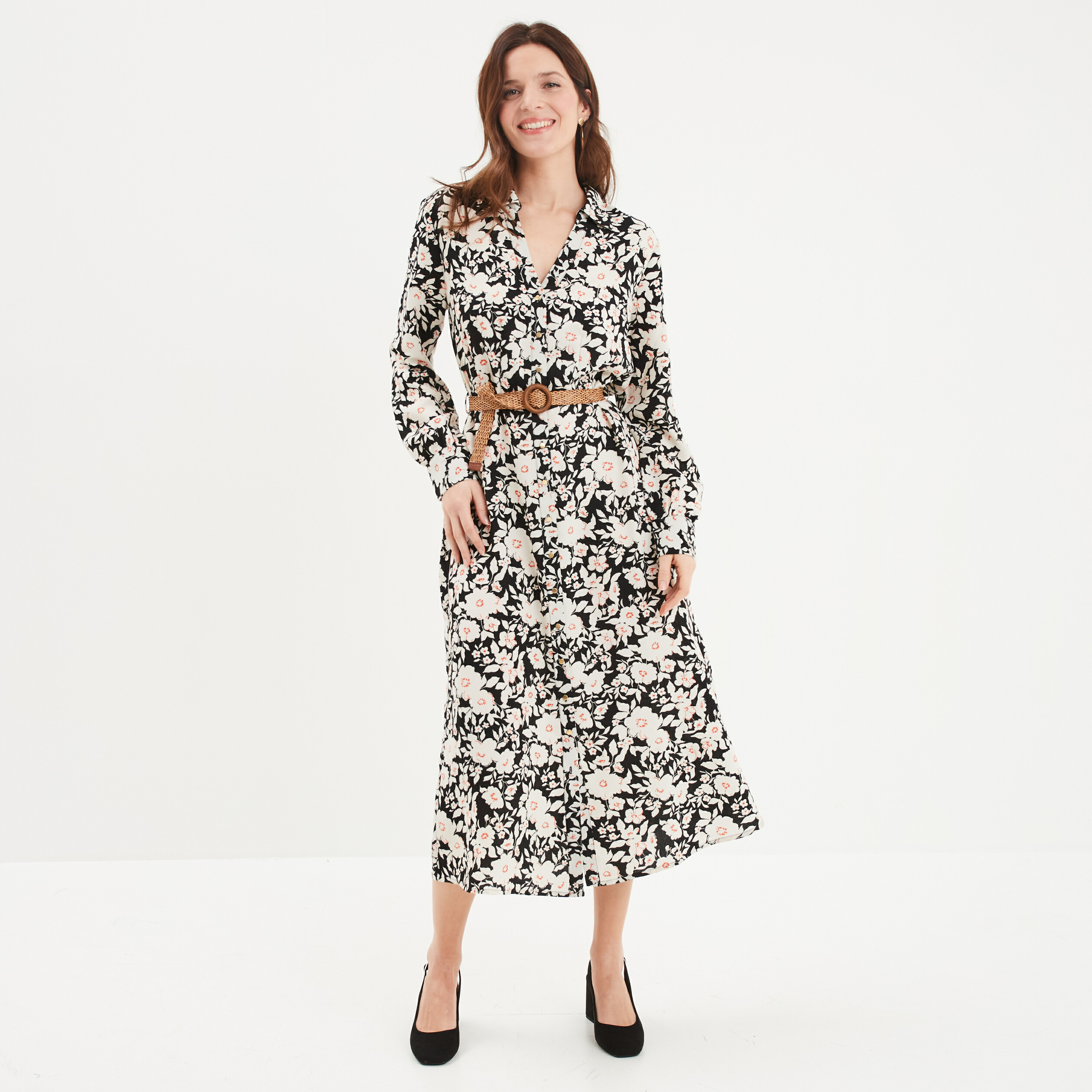 robe chemise longue ceinturee noir femme Robe chemise longue ceinturée noir femme