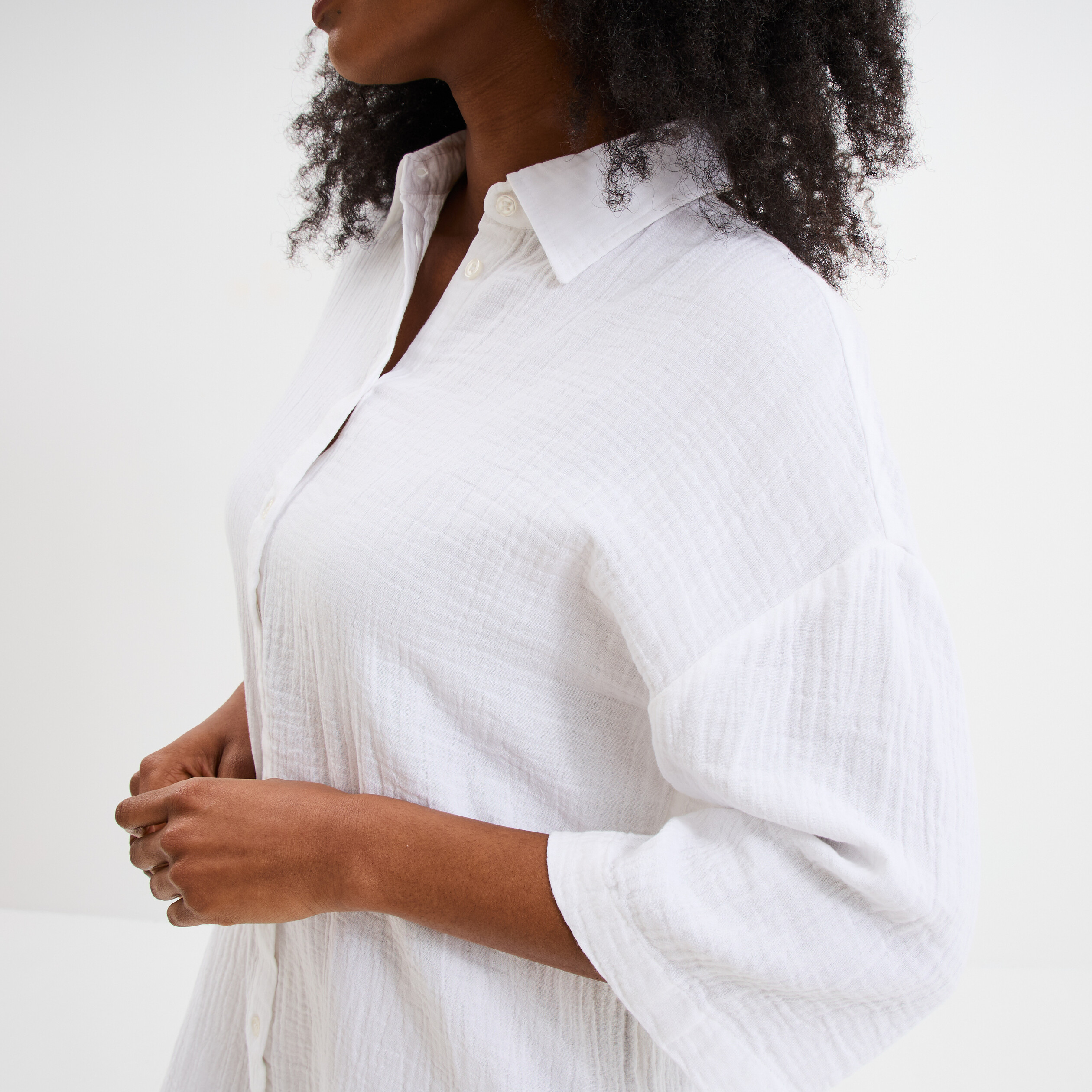 robe chemise manches 34 gaze de coton blanc femme Robe chemise manches 3/4 gaze de coton blanc femme