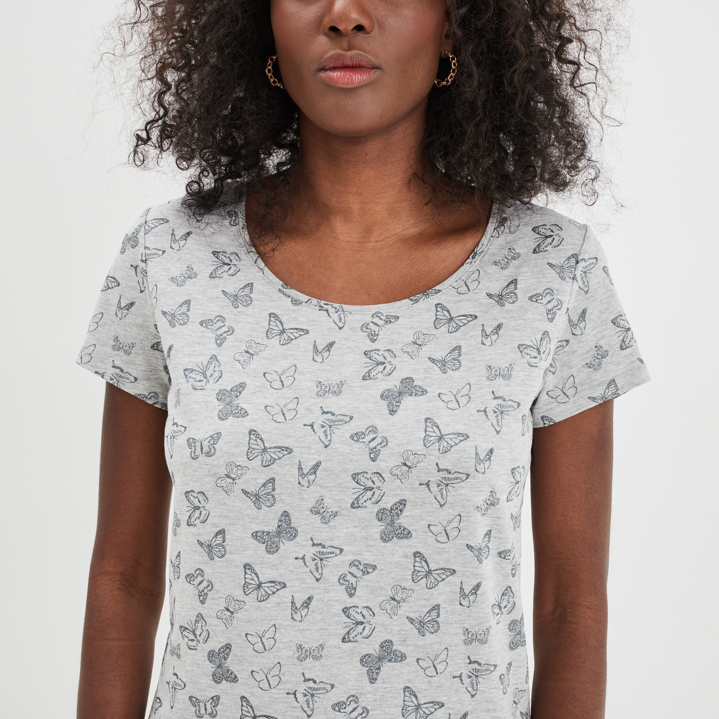 t shirt coton imprime coupe ajustee gris clair femme T-shirt coton imprimé coupe ajustée gris clair femme