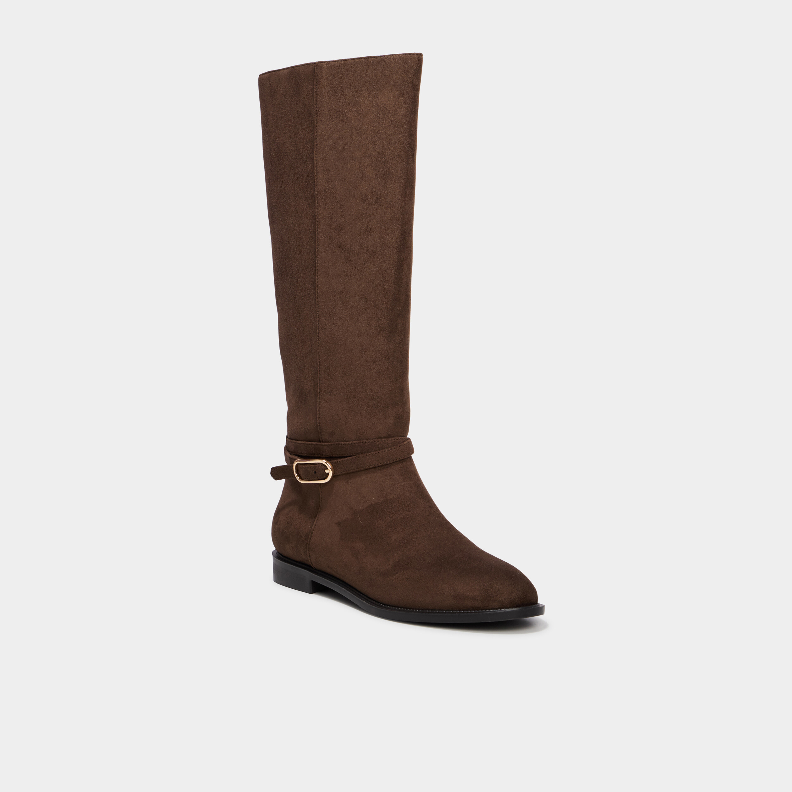 Botte haute plate en su&eacute;dine &agrave; boucle taupe femme