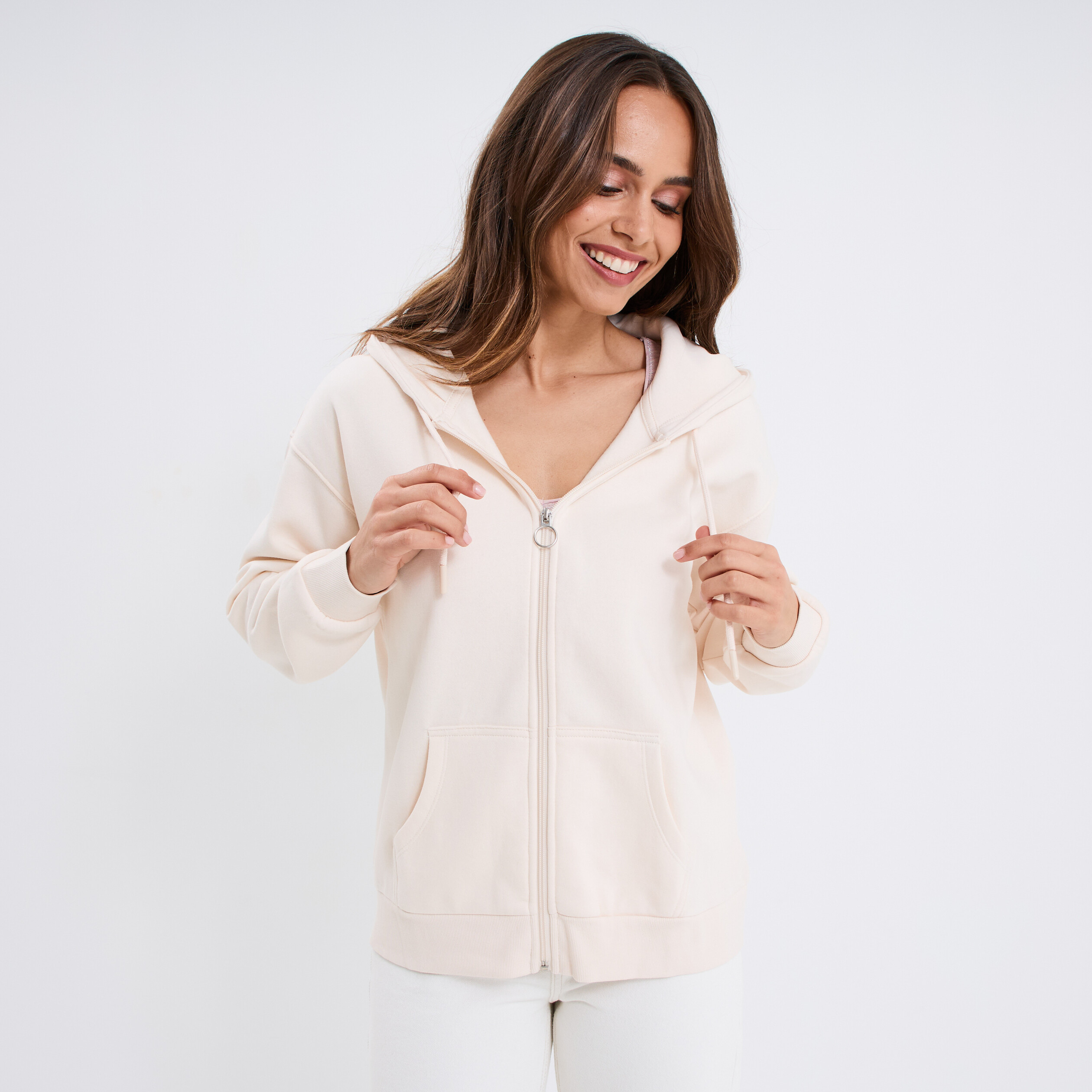 sweat zippe a capuche molleton beige femme Sweat zippé à capuche molleton beige femme
