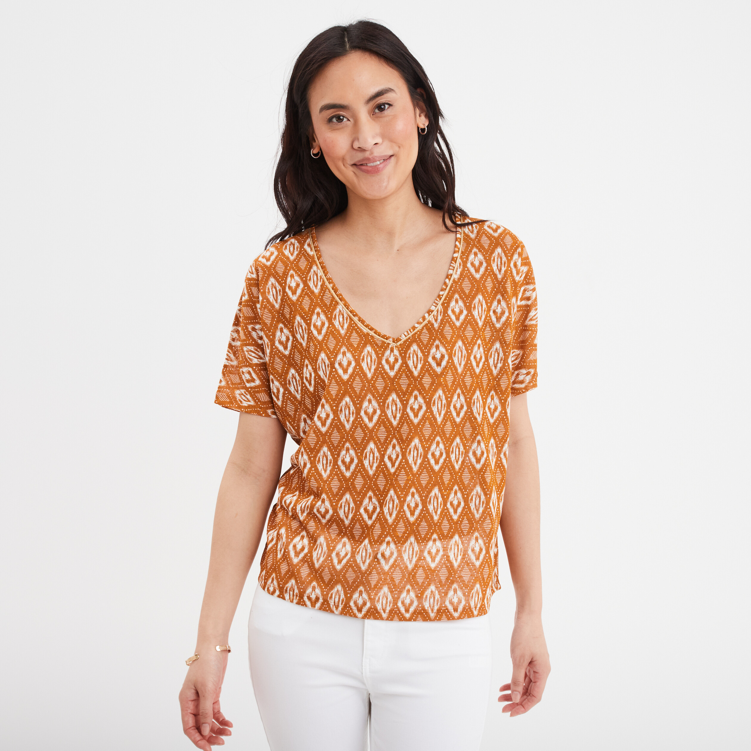 t shirt col en v manches courtes jaune moutarde femme T-shirt col en V manches courtes jaune moutarde femme