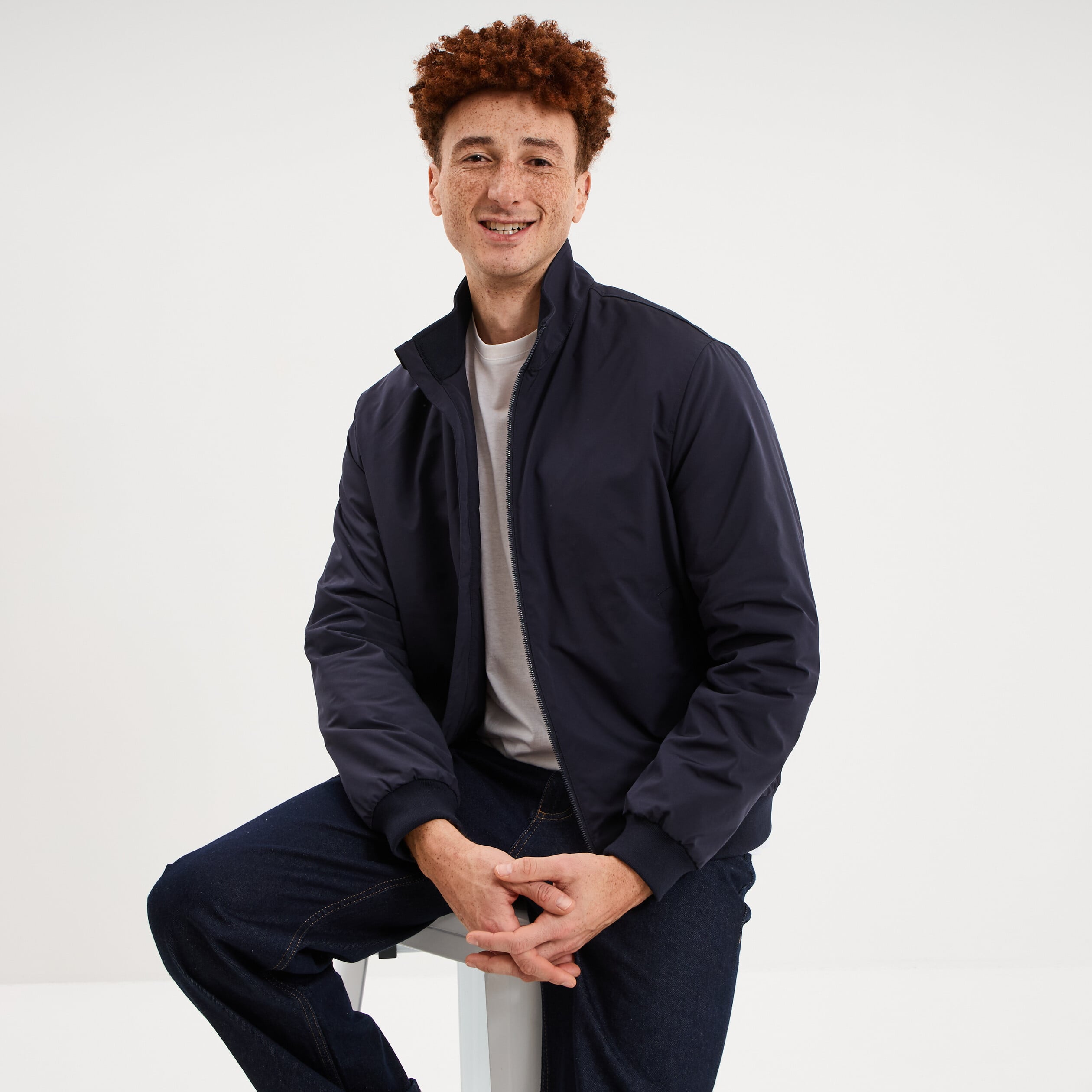 Blouson d&eacute;perlant col montant bleu fonc&eacute; homme